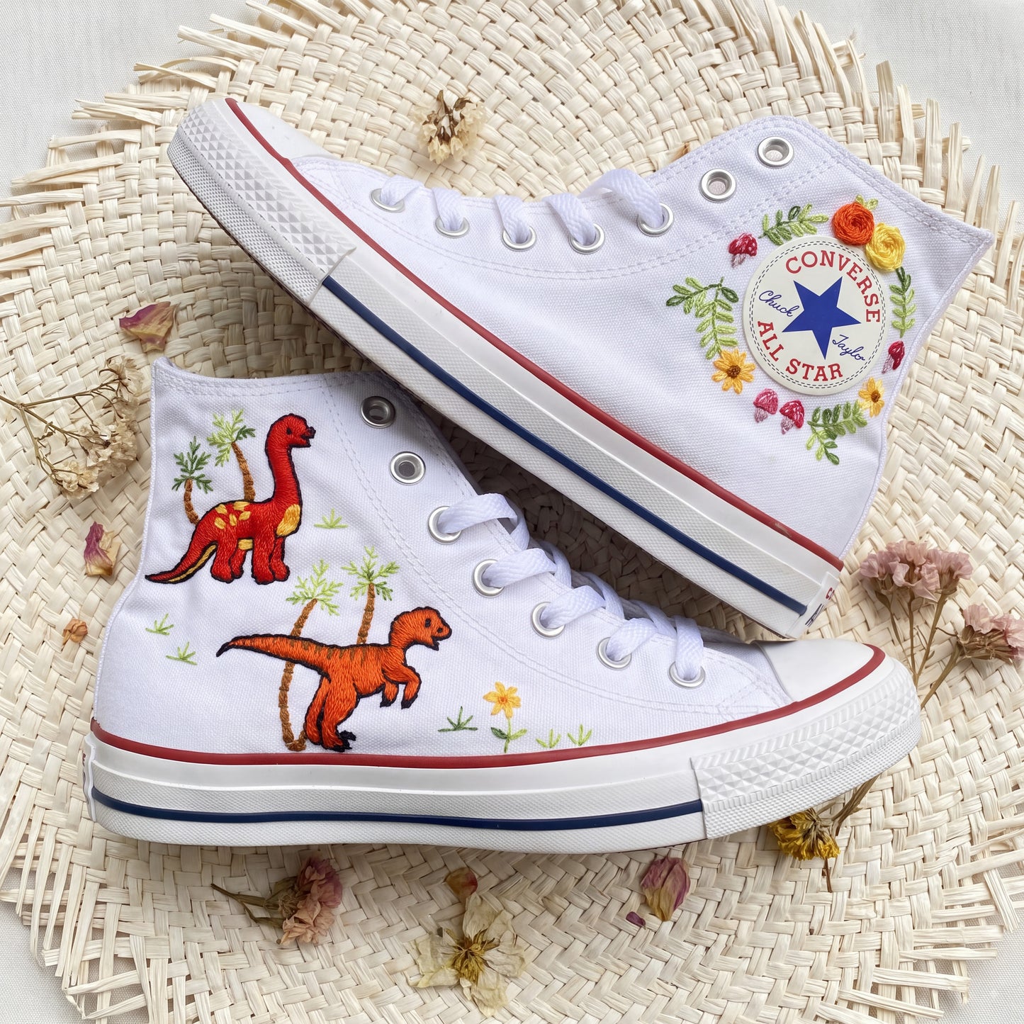 Hand Embroidered Dinosaur Converse High Top Sneakers | Custom White Converse Shoes | Personalized Kids Gift | Handmade Embroidered Shoes