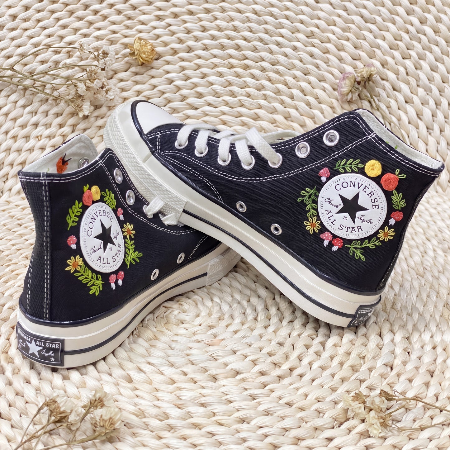 Hand Embroidered Dinosaur Converse High Top Sneakers | Custom Black Converse Shoes | Personalized Kids Dinosaur Gift