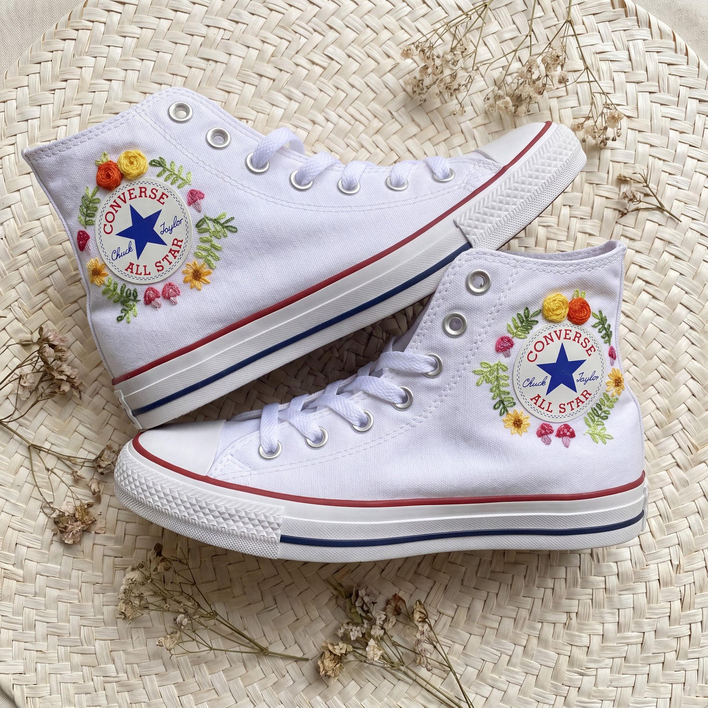 Hand Embroidered Dinosaur Converse High Top Sneakers | Custom White Converse Shoes | Personalized Kids Gift | Handmade Embroidered Shoes