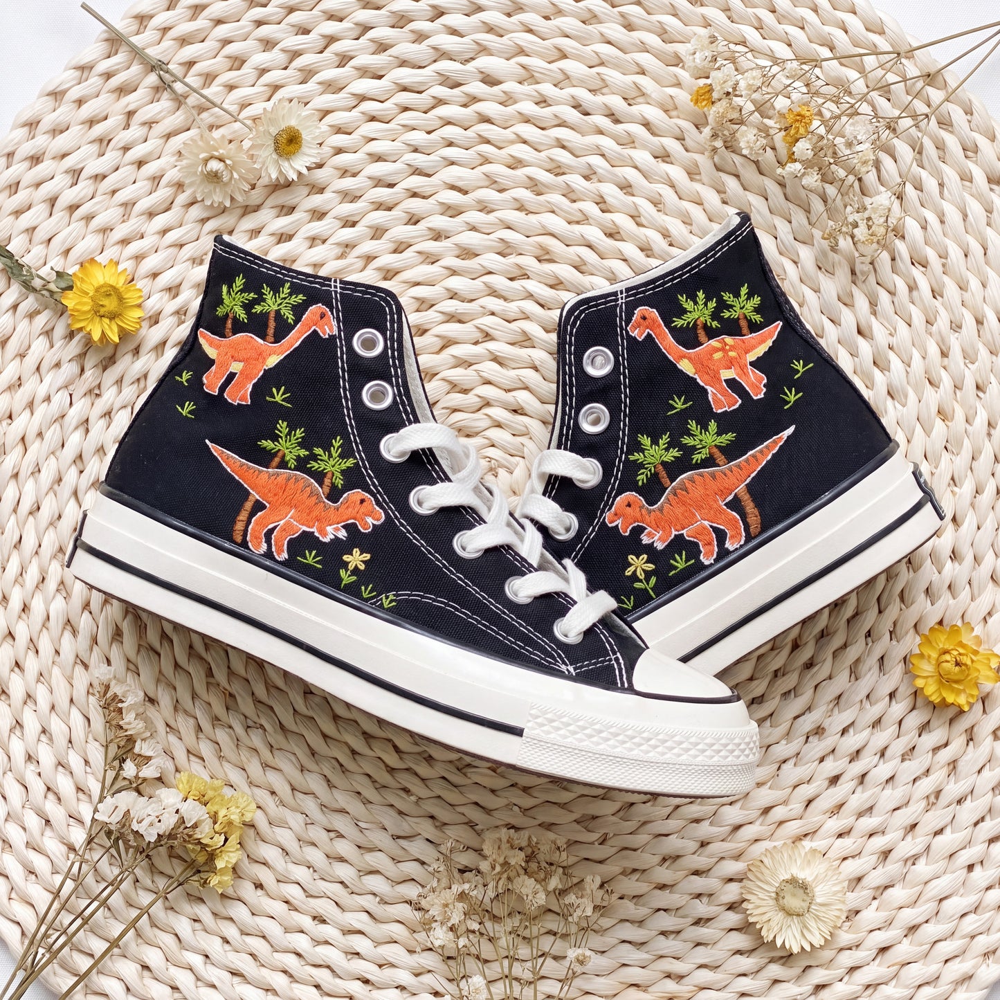 Hand Embroidered Dinosaur Converse High Top Sneakers | Custom Black Converse Shoes | Personalized Kids Dinosaur Gift