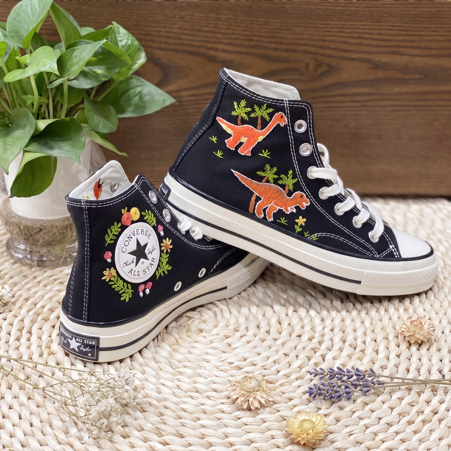Hand Embroidered Dinosaur Converse High Top Sneakers | Custom Black Converse Shoes | Personalized Kids Dinosaur Gift