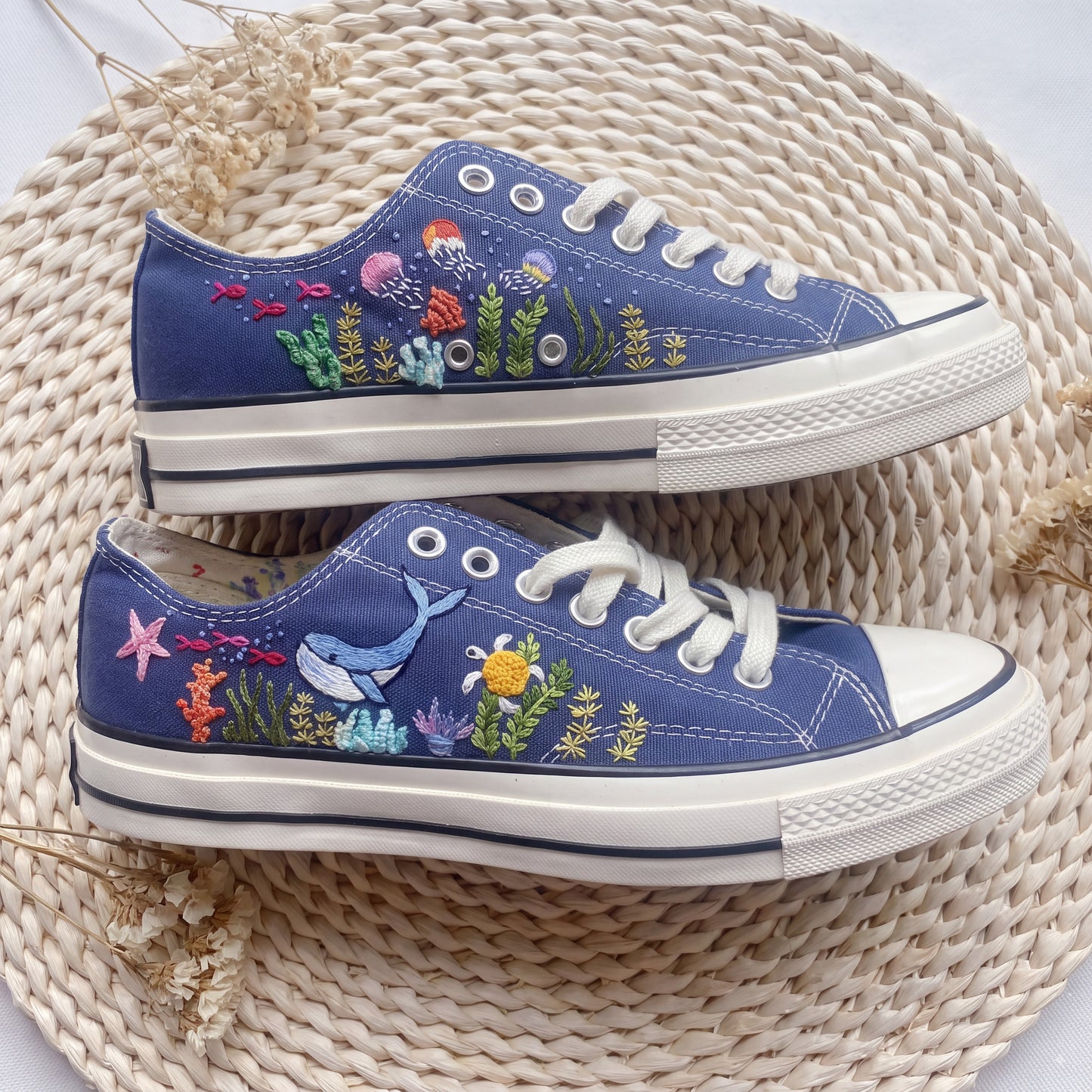 Hand Embroidered Dolphin Converse Shoes | Ocean Canvas Sneakers | Marine Life Embroidered Shoes | Sea Lover Gift for Women