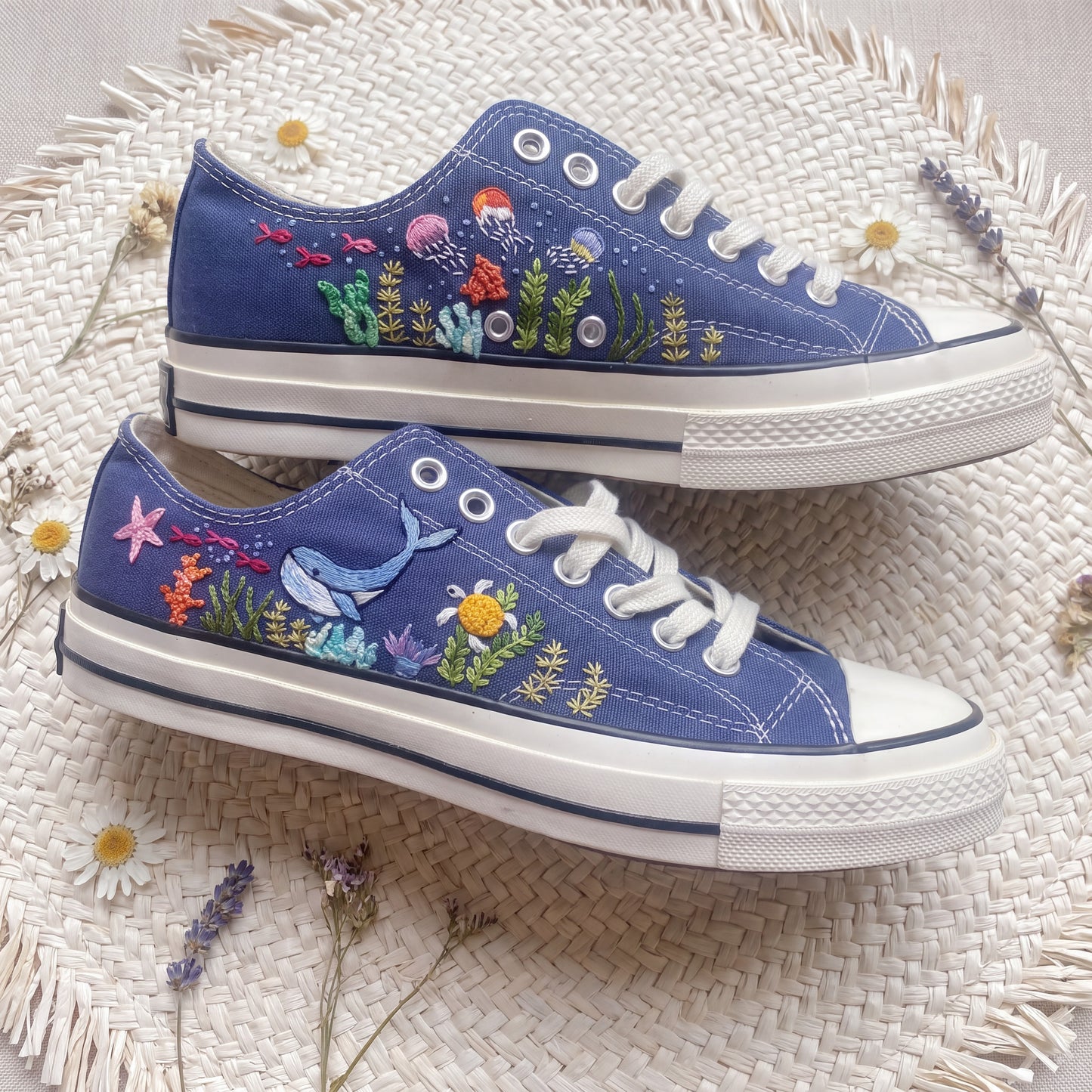 Hand Embroidered Dolphin Converse Shoes | Ocean Canvas Sneakers | Marine Life Embroidered Shoes | Sea Lover Gift for Women
