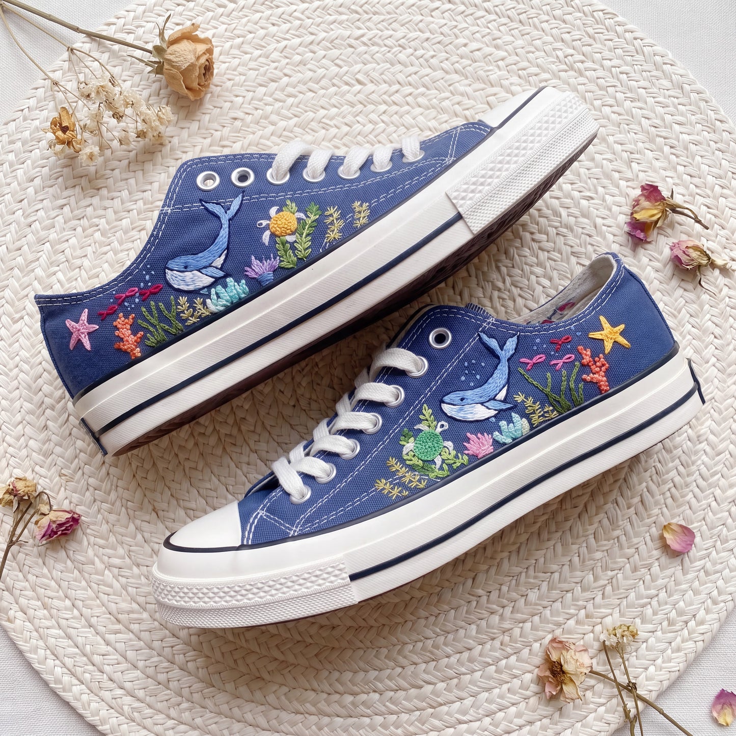 Hand Embroidered Dolphin Converse Shoes | Ocean Canvas Sneakers | Marine Life Embroidered Shoes | Sea Lover Gift for Women