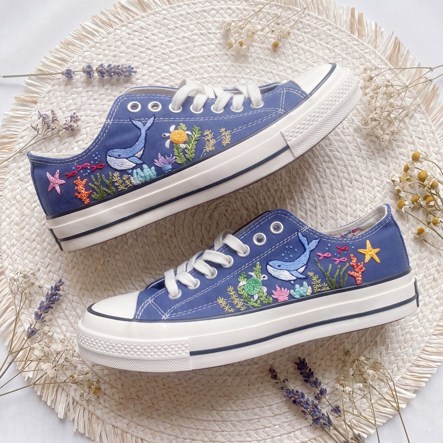 Hand Embroidered Dolphin Converse Shoes | Ocean Canvas Sneakers | Marine Life Embroidered Shoes | Sea Lover Gift for Women