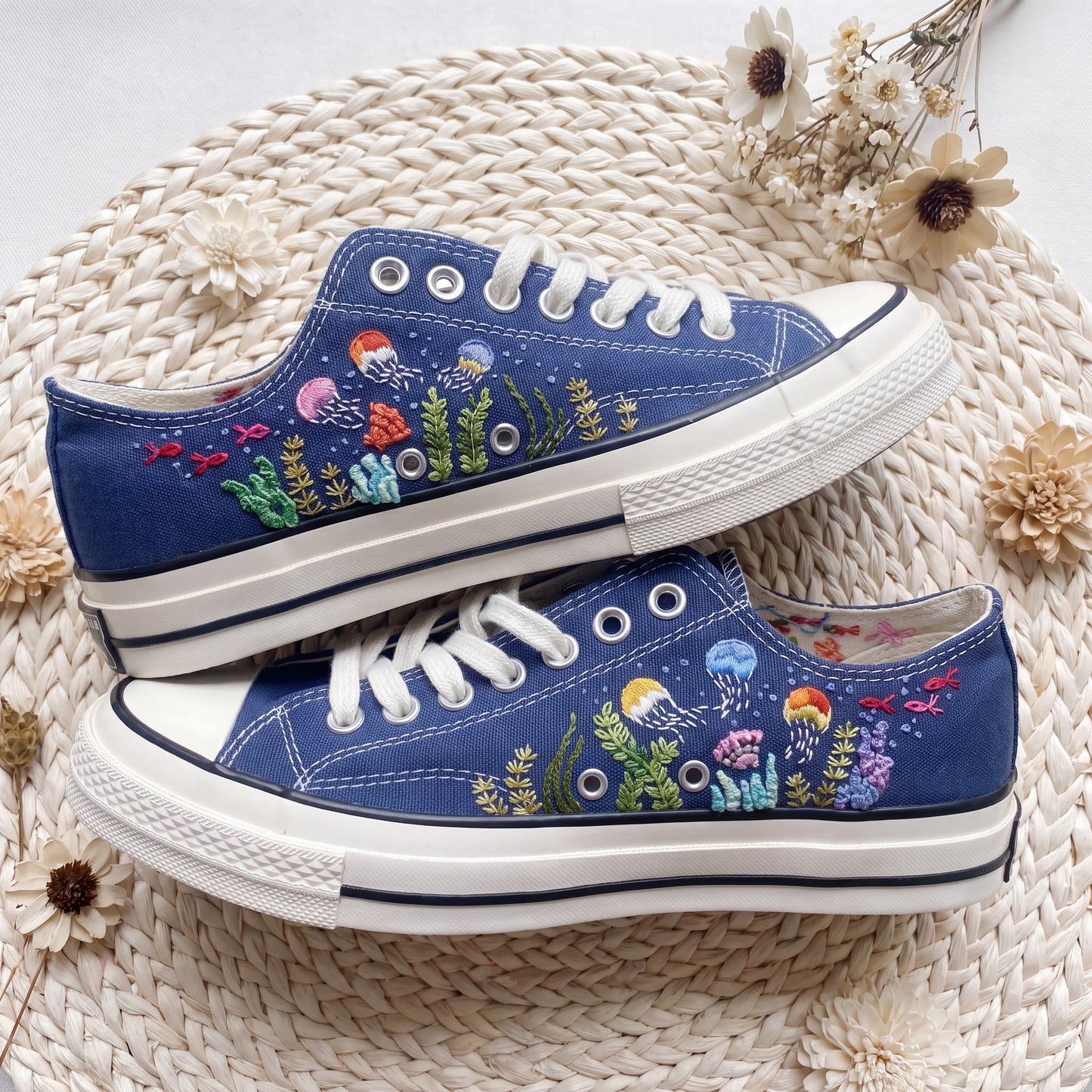 Hand Embroidered Dolphin Converse Shoes | Ocean Canvas Sneakers | Marine Life Embroidered Shoes | Sea Lover Gift for Women