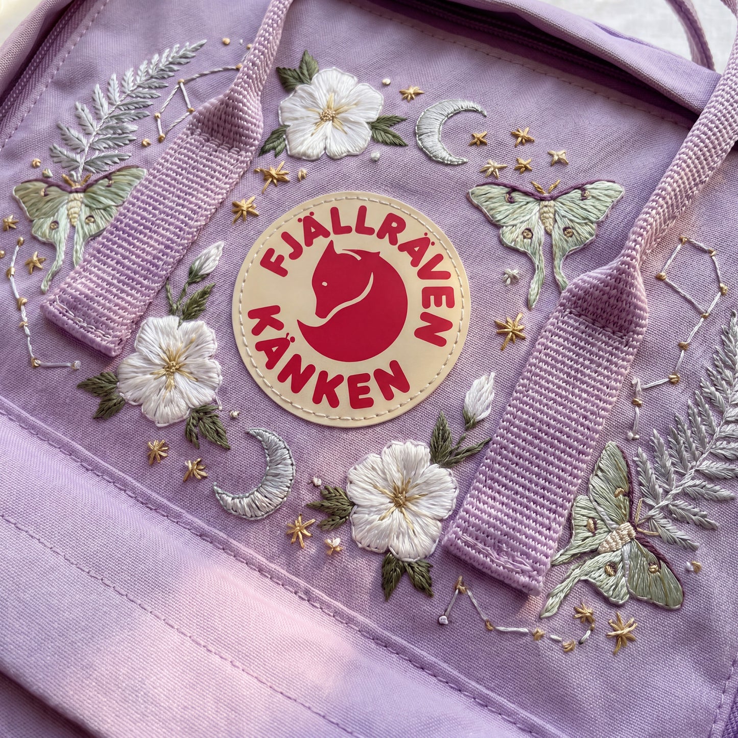 Custom Embroidered Fjallraven Kanken Backpack | Luna Moth, Moon & Stars Design | Personalized Celestial Backpack | Witchy Aesthetic Gift