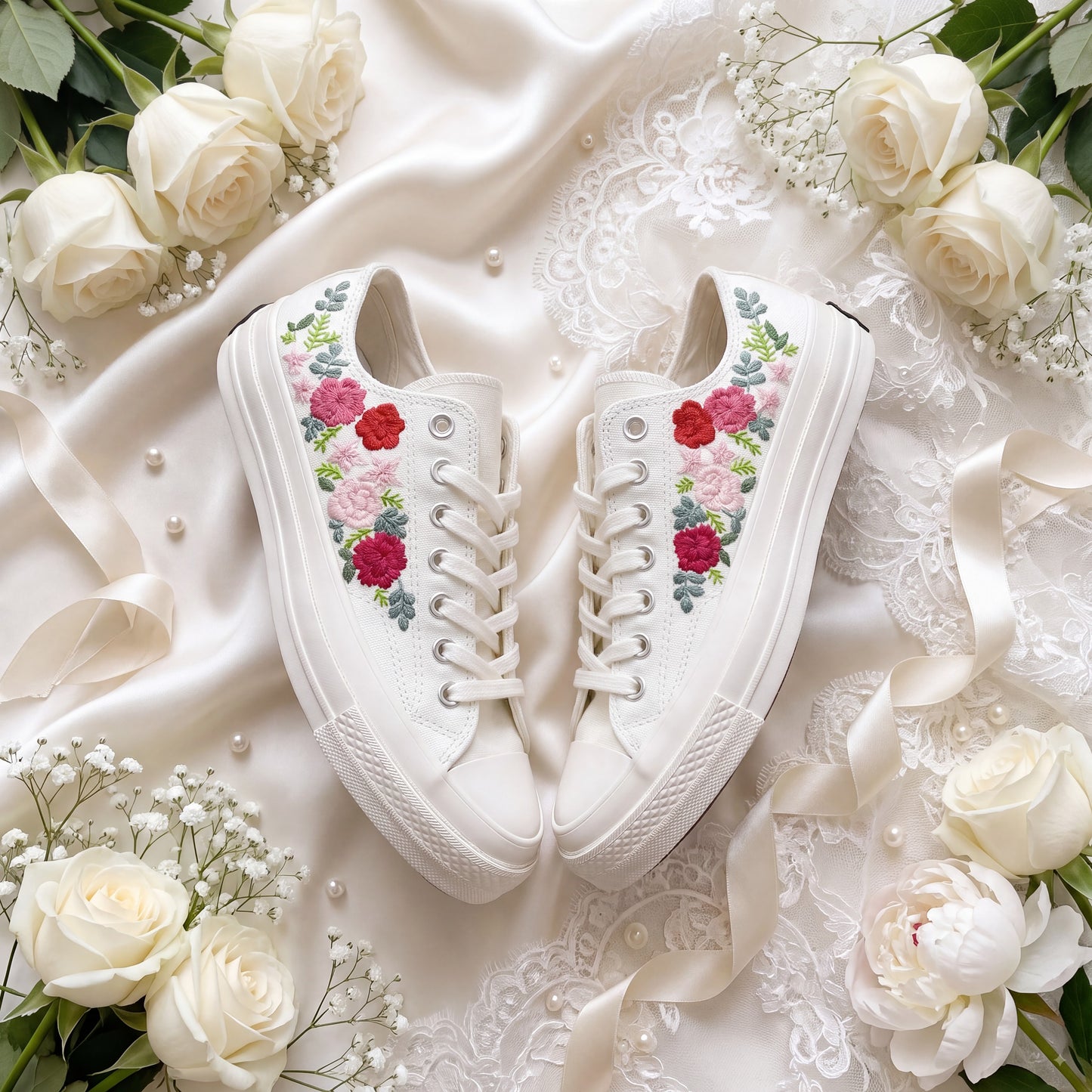 Hand Embroidered Bridal Converse Shoes | Custom Floral Wedding Sneakers | Personalized White Converse Gift for Bride