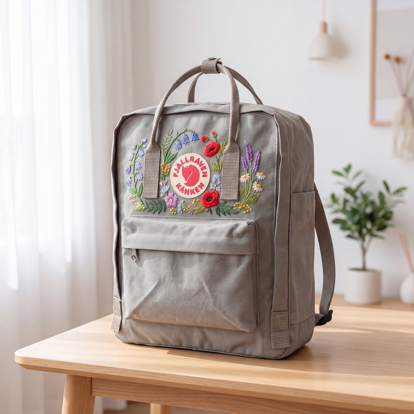 Hand Embroidered Fjallraven Kanken Backpack, Wildflower Floral Backpack, Poppy Bluebell Flower Bag, Custom Personalized Kanken Backpack