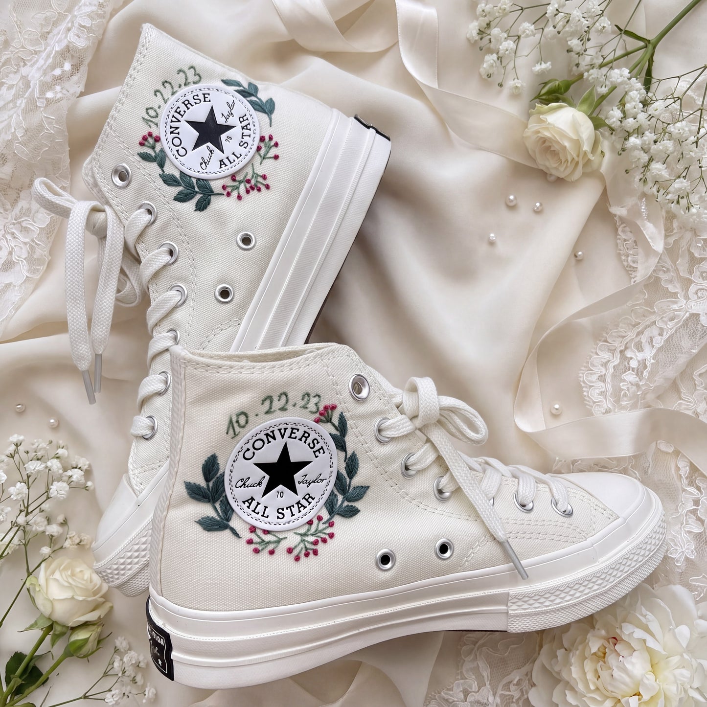 Hand Embroidered High Top Bridal Converse Shoes | Custom Pink Rose Wedding Sneakers | Personalized White Converse Gift for Bride