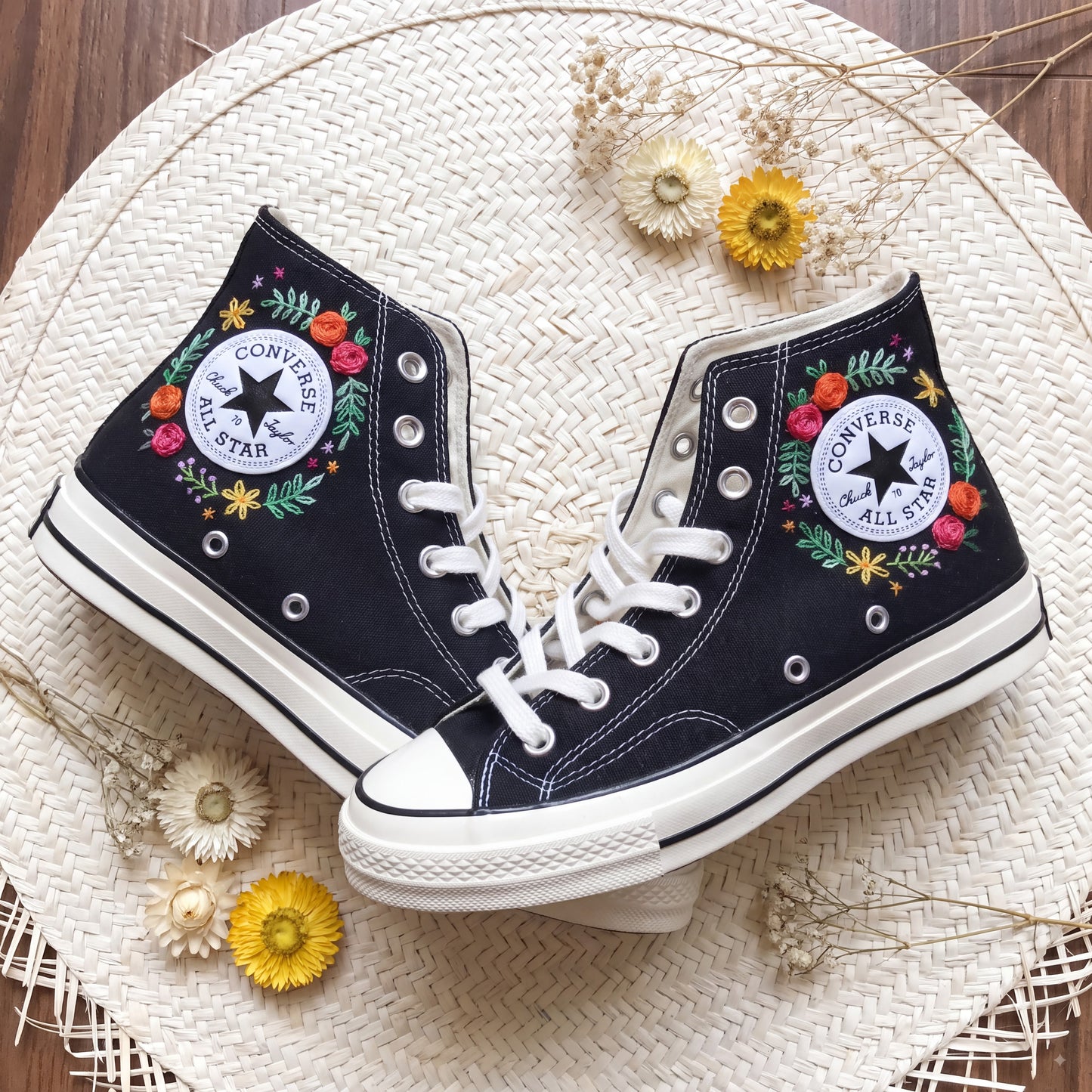 Hand Embroidered High Top Converse Shoes | Custom Rose Floral Sneakers | Personalized Black Canvas Converse Gift