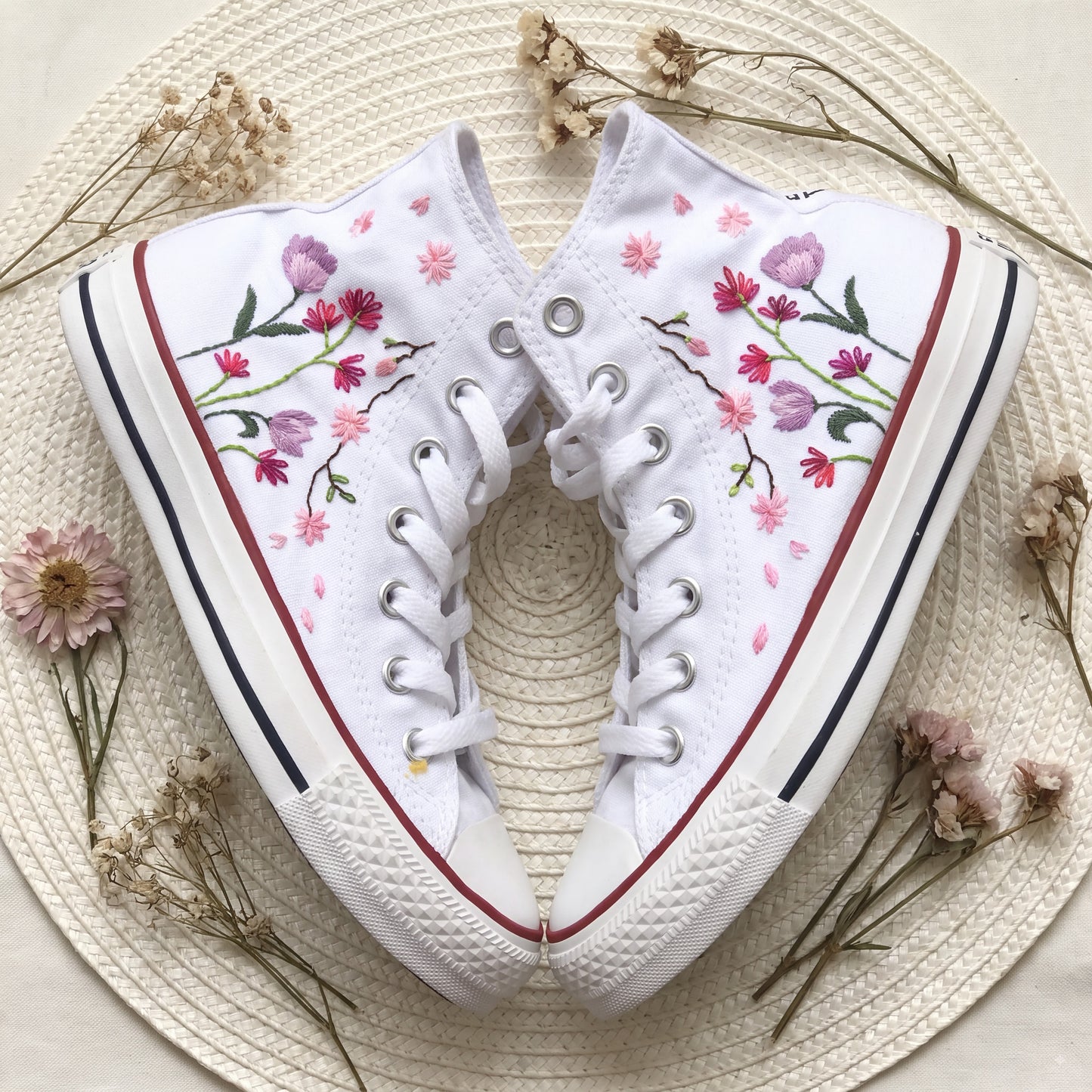 Hand Embroidered High Top Converse Shoes | Custom Tulip & Cherry Blossom Sneakers | Personalized White Canvas Converse Gift