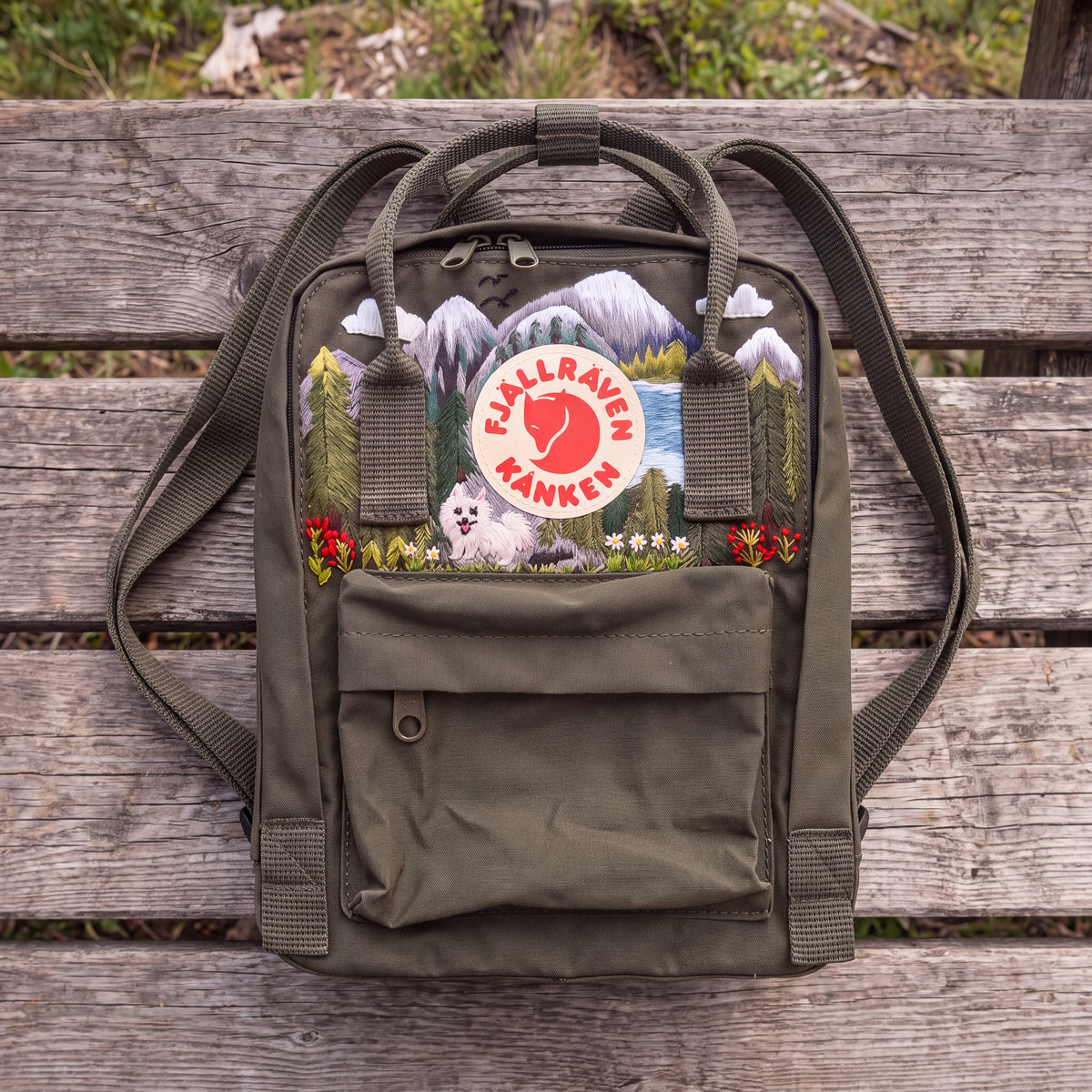 Fjallraven Kanken Hand Embroidered Dog Mountain Backpack | Pine Forest Landscape Bag | Outdoor Nature Backpack | Dog Lover Gift