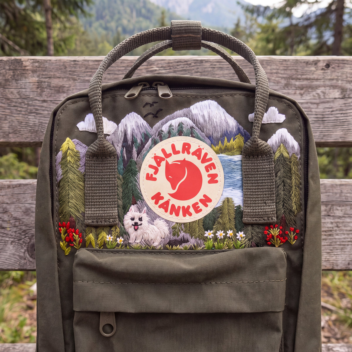 Fjallraven Kanken Hand Embroidered Dog Mountain Backpack | Pine Forest Landscape Bag | Outdoor Nature Backpack | Dog Lover Gift