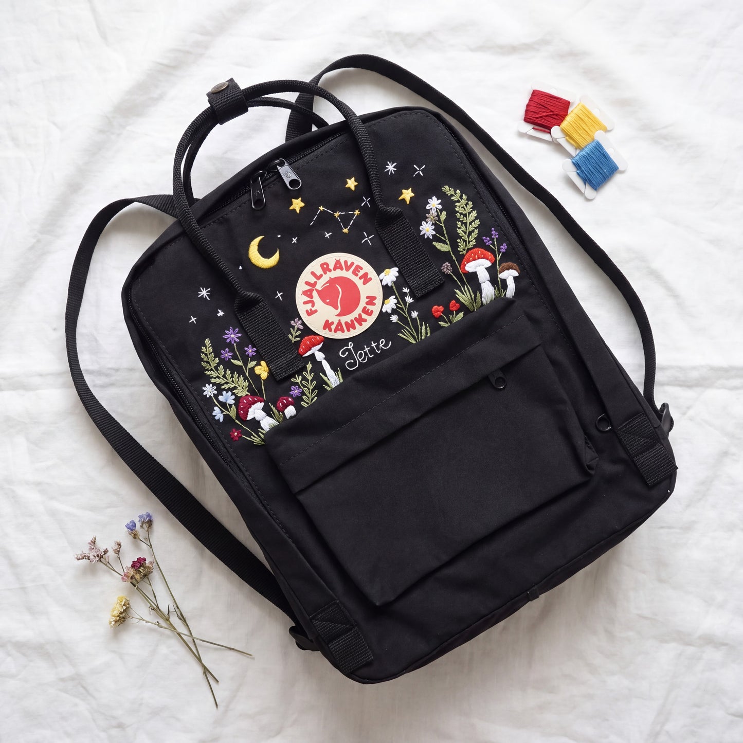 Fjallraven Kanken Backpack Embroidered with Mushrooms and Wildflowers | Mushroom & Floral Design Backpack | Personalized Custom Kanken