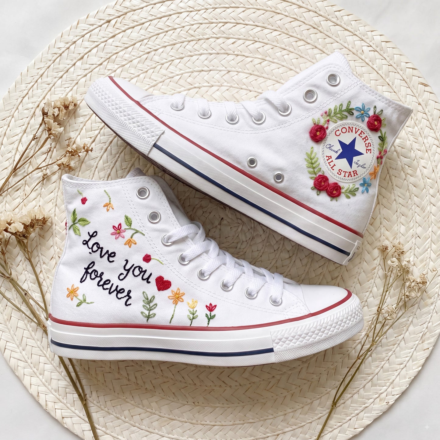 Hand Embroidered Love Quote Converse High Top Sneakers | Custom White Converse Shoes | Personalized Romantic Wedding Gift for Couples
