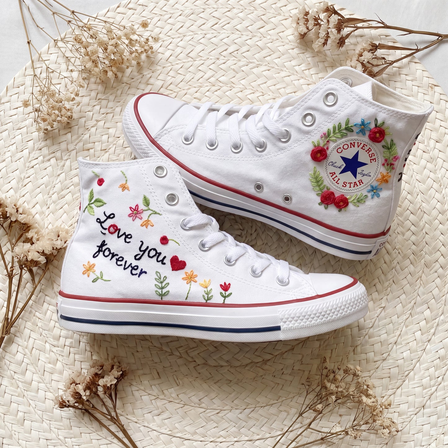 Hand Embroidered Love Quote Converse High Top Sneakers | Custom White Converse Shoes | Personalized Romantic Wedding Gift for Couples