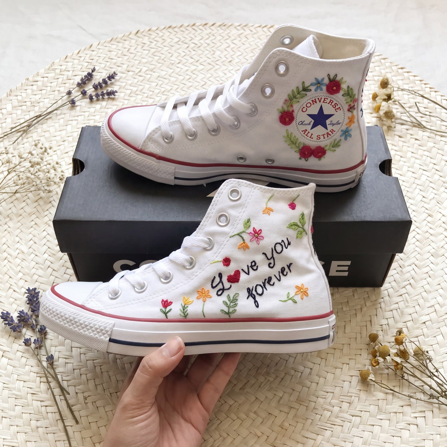 Hand Embroidered Love Quote Converse High Top Sneakers | Custom White Converse Shoes | Personalized Romantic Wedding Gift for Couples