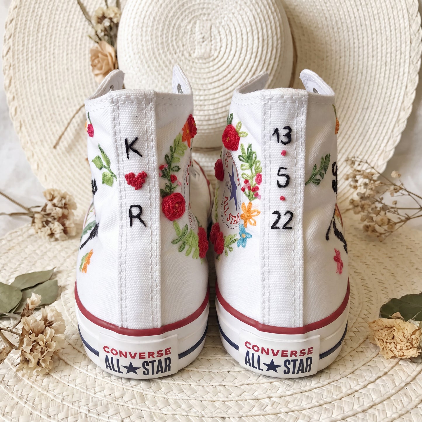 Hand Embroidered Love Quote Converse High Top Sneakers | Custom White Converse Shoes | Personalized Romantic Wedding Gift for Couples