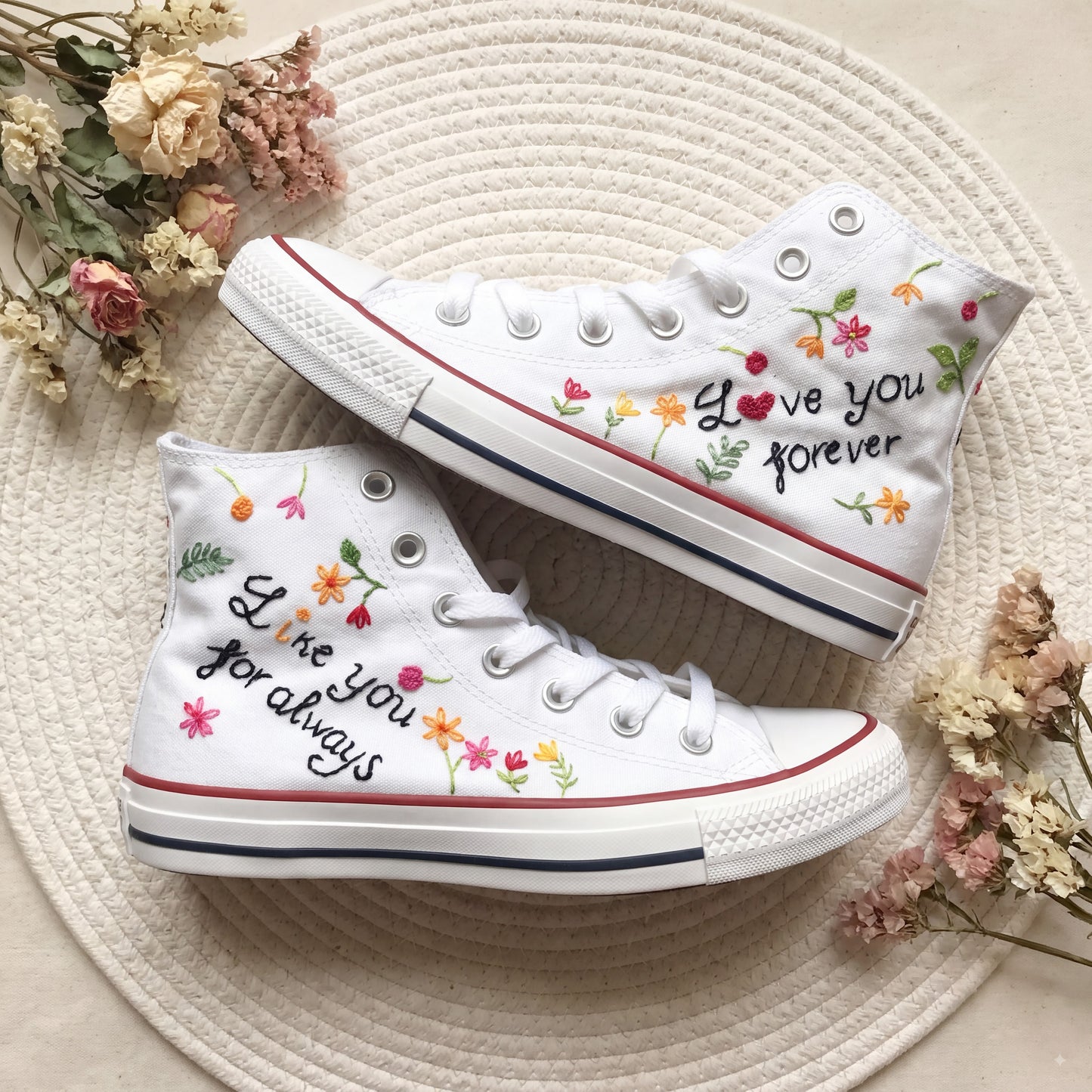 Hand Embroidered Love Quote Converse High Top Sneakers | Custom White Converse Shoes | Personalized Romantic Wedding Gift for Couples