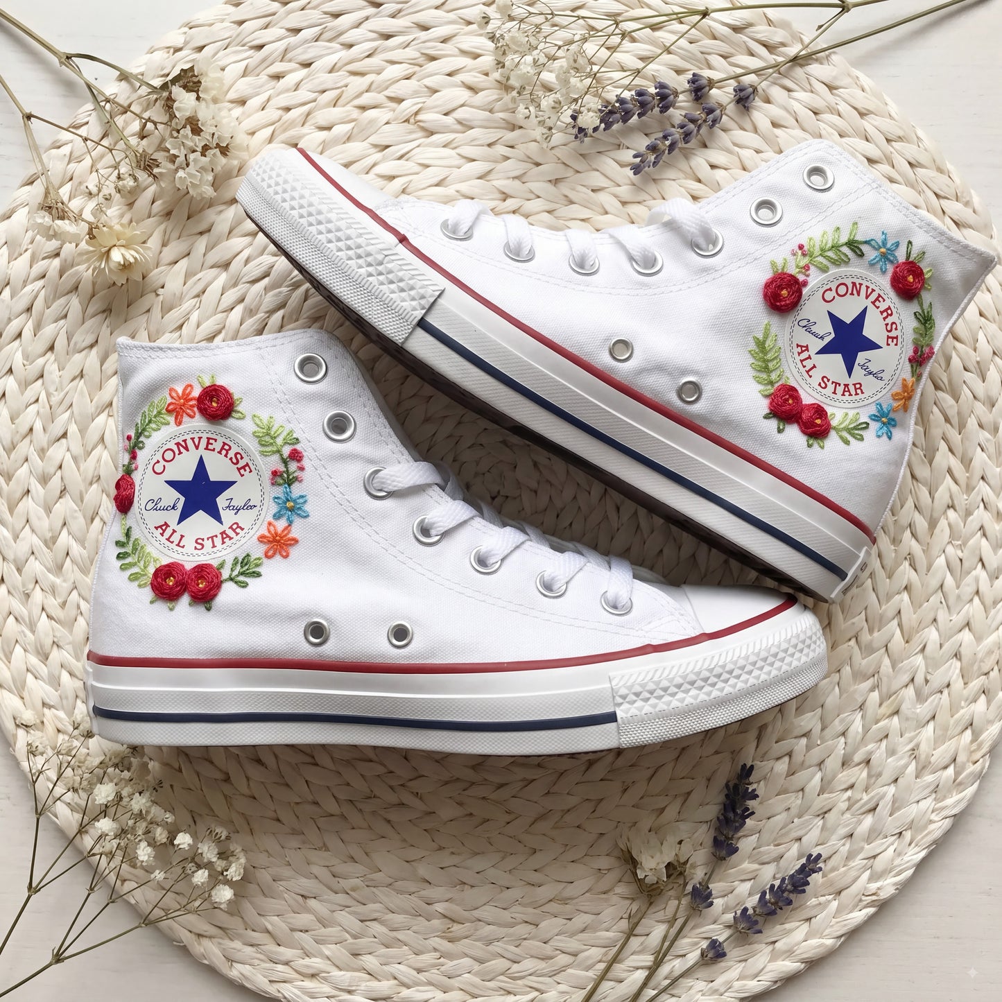 Hand Embroidered Love Quote Converse High Top Sneakers | Custom White Converse Shoes | Personalized Romantic Wedding Gift for Couples