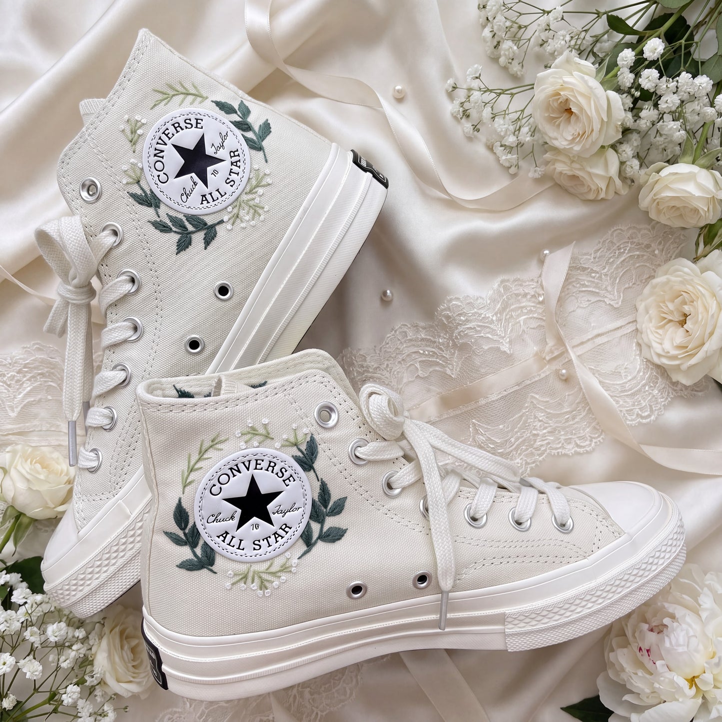 Hand Embroidered Bridal Converse Shoes | Custom Multicolor Hydrangea Wedding Sneakers | Personalized White Converse Gift for Bride