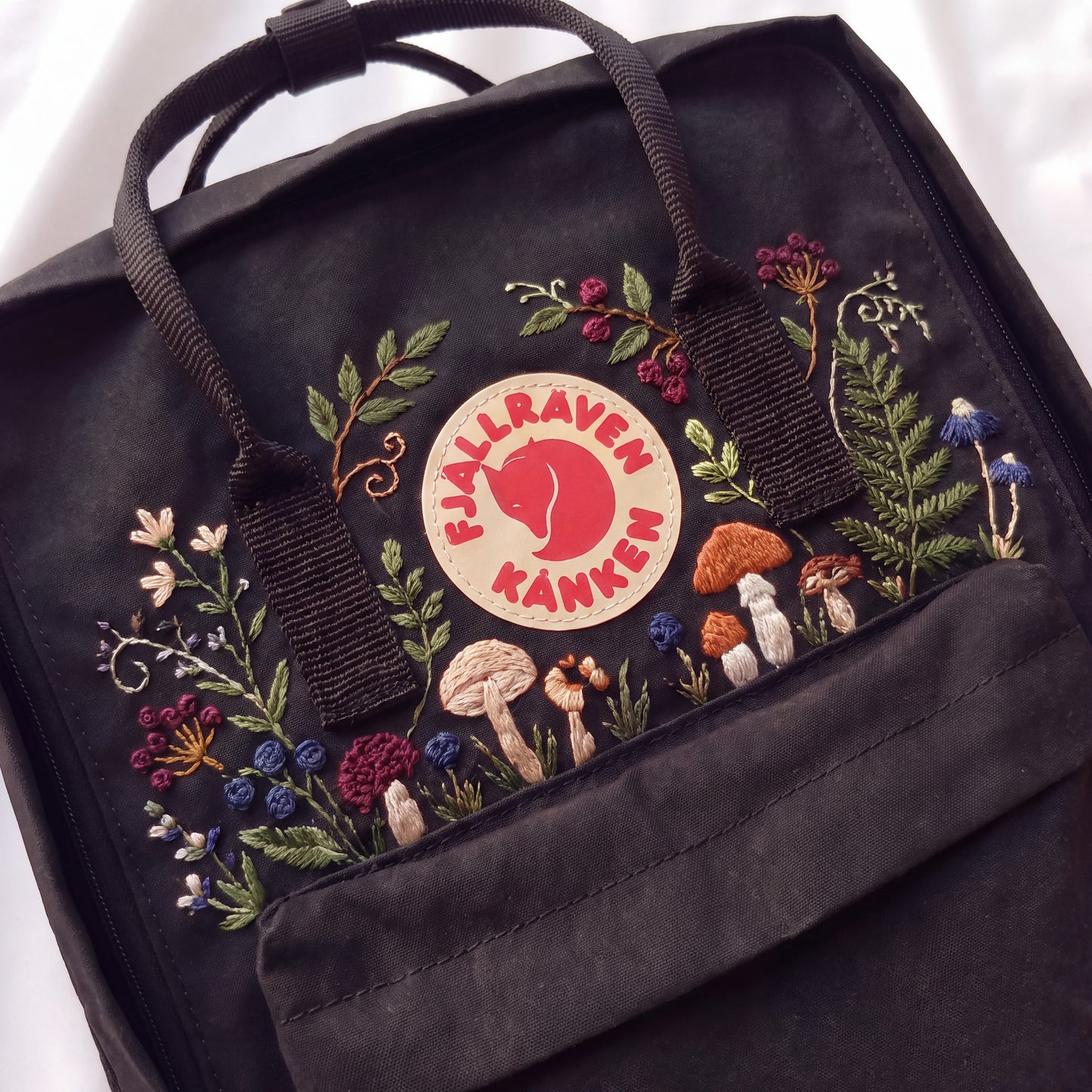 Hand Embroidered Fjallraven Kanken Backpack, Mushroom Floral Backpack, Cottagecore Forest Bag, Custom Personalized Kanken Backpack