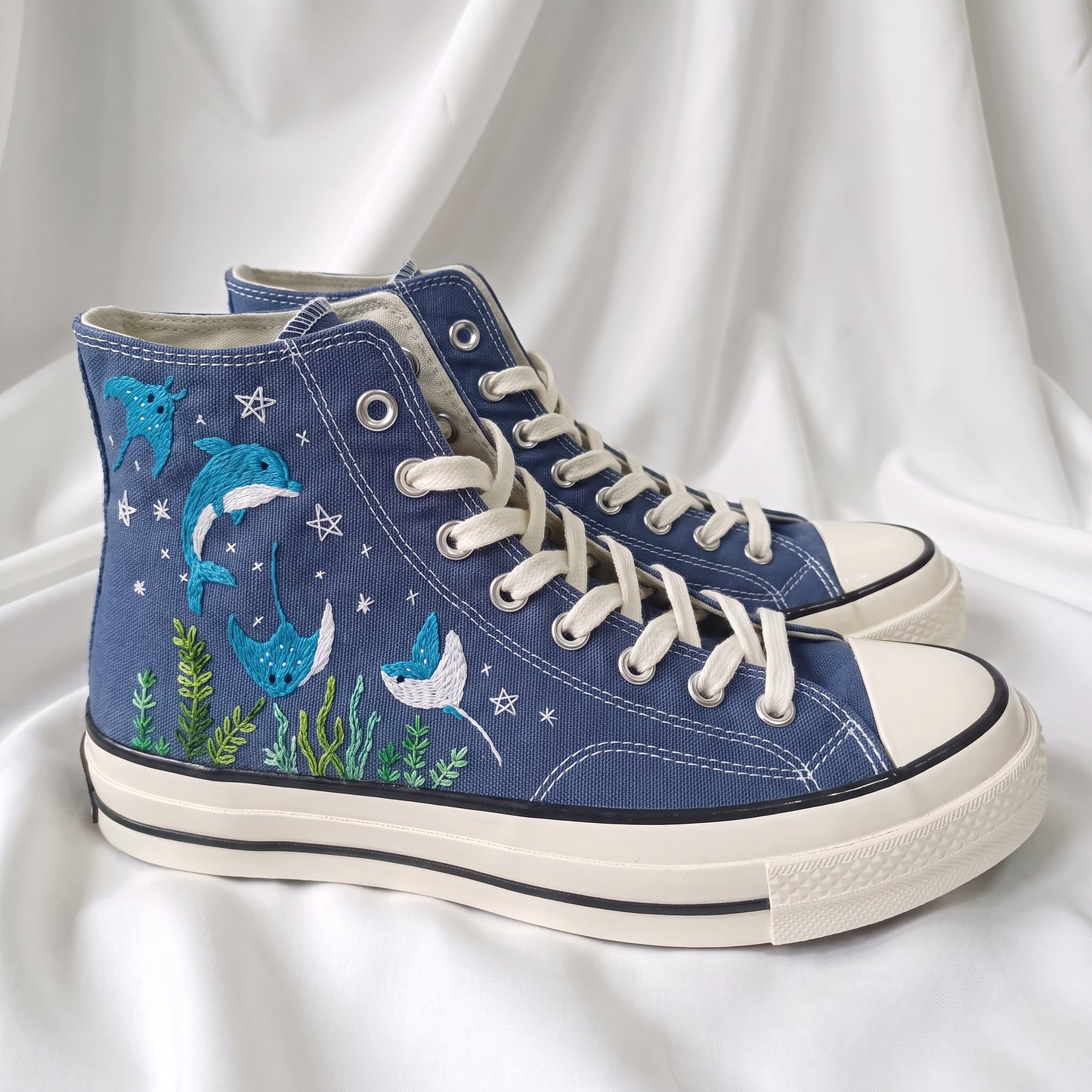 Hand Embroidered Ocean Converse Shoes | Custom Dolphin & Stingray Sneakers | Personalized Gift for Ocean Lovers