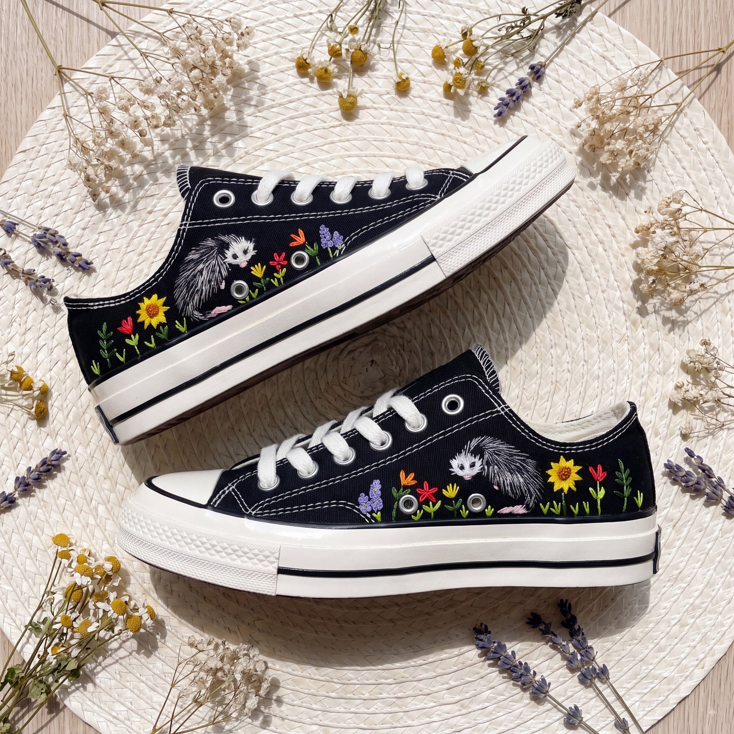 Hand Embroidered Opossum Converse Shoes | Black Low Top Canvas Sneakers | Woodland Animal Embroidered Shoes | Nature Gift