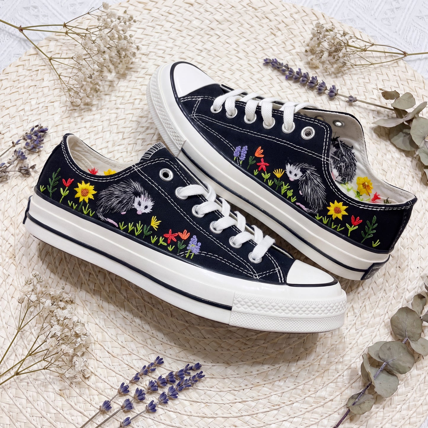 Hand Embroidered Opossum Converse Shoes | Black Low Top Canvas Sneakers | Woodland Animal Embroidered Shoes | Nature Gift
