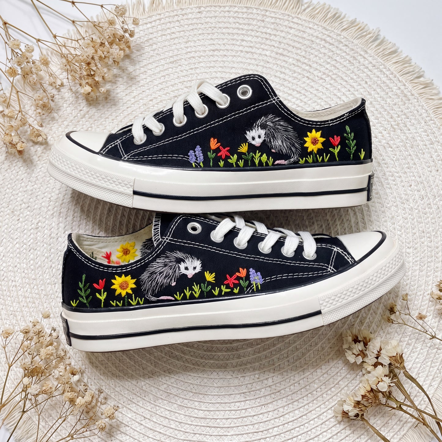 Hand Embroidered Opossum Converse Shoes | Black Low Top Canvas Sneakers | Woodland Animal Embroidered Shoes | Nature Gift