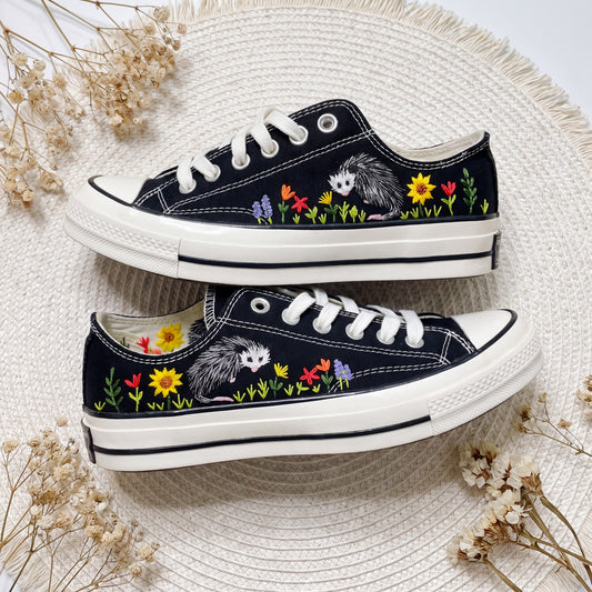 Hand Embroidered Opossum Converse Shoes | Black Low Top Canvas Sneakers | Woodland Animal Embroidered Shoes | Nature Gift