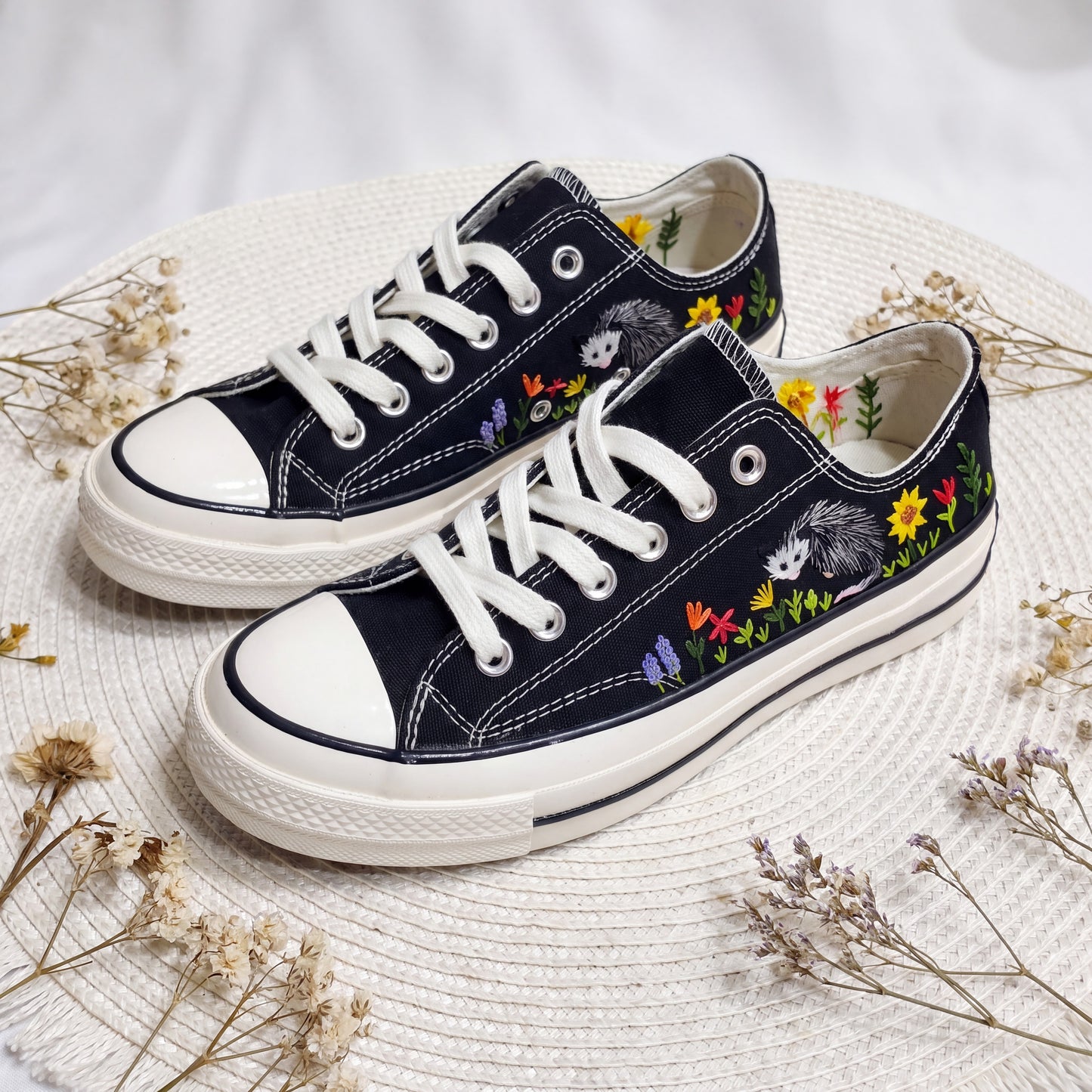 Hand Embroidered Opossum Converse Shoes | Black Low Top Canvas Sneakers | Woodland Animal Embroidered Shoes | Nature Gift