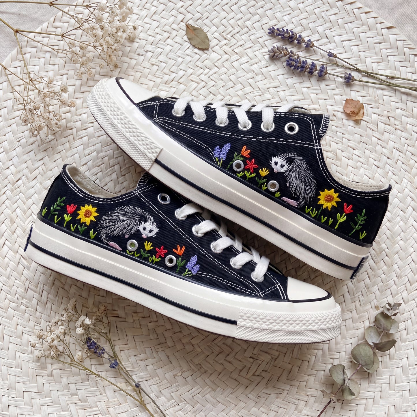Hand Embroidered Opossum Converse Shoes | Black Low Top Canvas Sneakers | Woodland Animal Embroidered Shoes | Nature Gift
