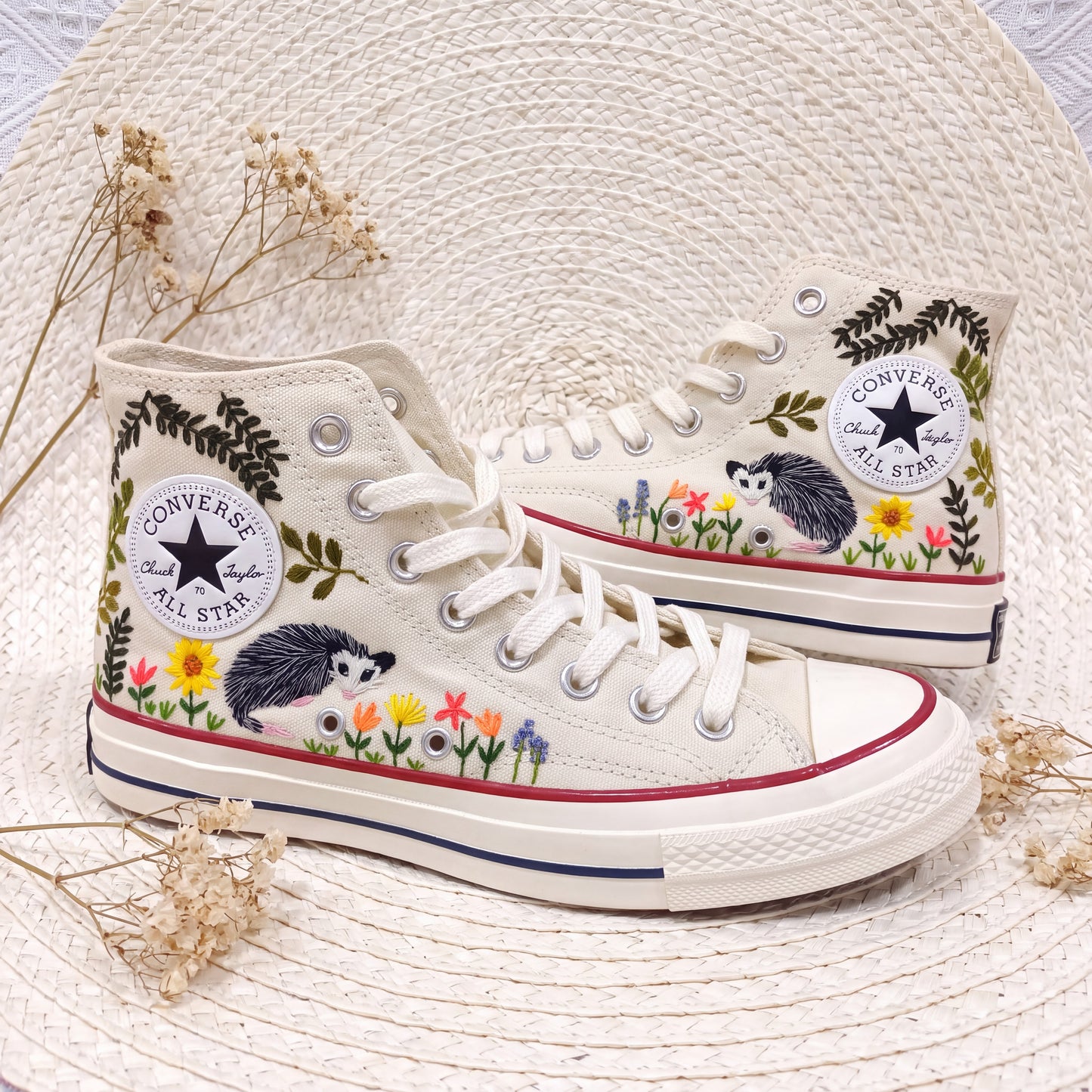 Hand Embroidered Opossum Converse High Top Sneakers | Custom Woodland Animal Converse Shoes | Personalized Nature Gift