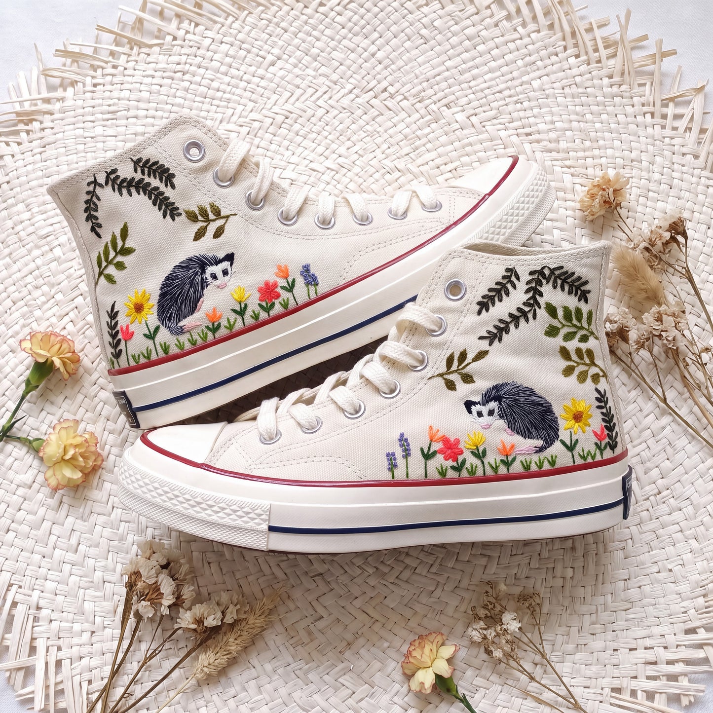 Hand Embroidered Opossum Converse High Top Sneakers | Custom Woodland Animal Converse Shoes | Personalized Nature Gift