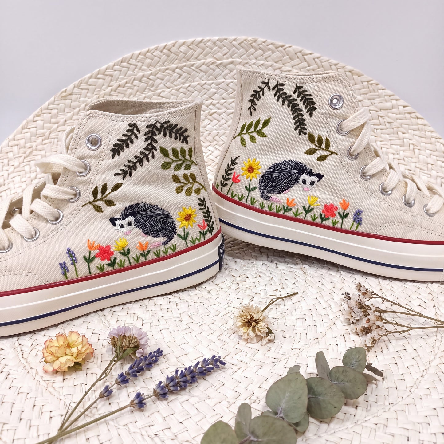 Hand Embroidered Opossum Converse High Top Sneakers | Custom Woodland Animal Converse Shoes | Personalized Nature Gift
