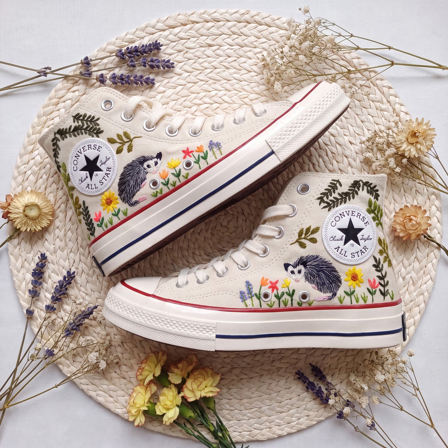 Hand Embroidered Opossum Converse High Top Sneakers | Custom Woodland Animal Converse Shoes | Personalized Nature Gift