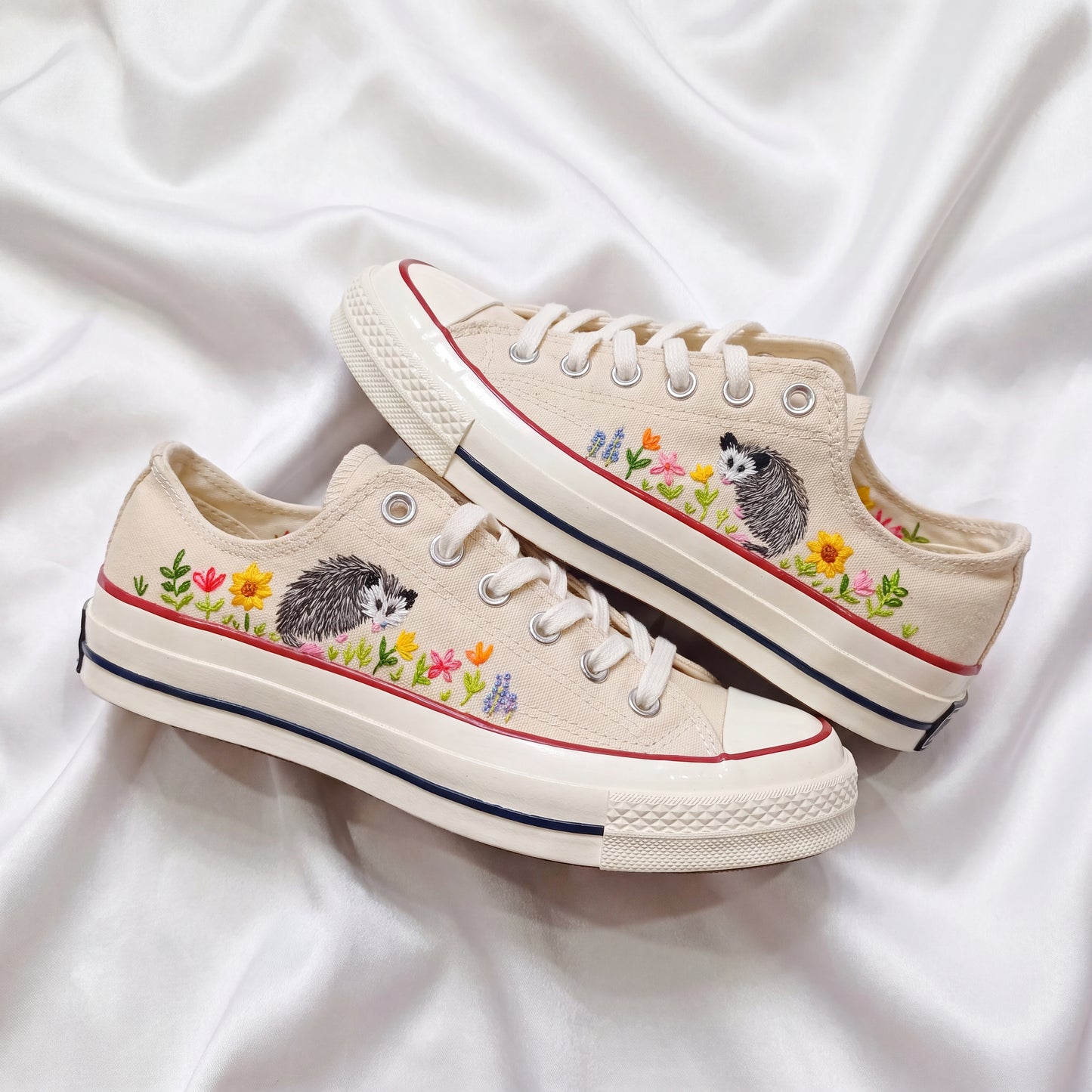 Hand Embroidered Opossum Converse Shoes | Custom Floral White Converse Sneakers | Personalized Gift for Women