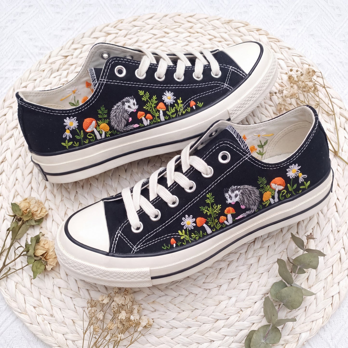 Hand Embroidered Opossum Converse Shoes | Woodland Mushroom Canvas Sneakers | Cute Forest Animal Gift for Nature Lovers