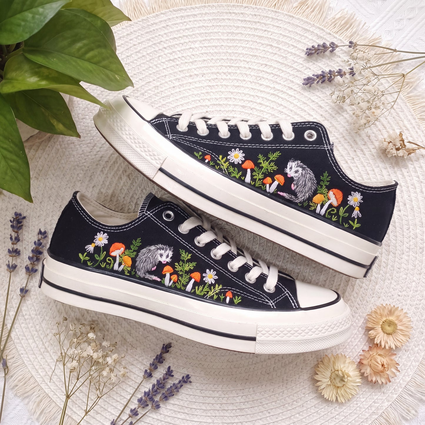 Hand Embroidered Opossum Converse Shoes | Woodland Mushroom Canvas Sneakers | Cute Forest Animal Gift for Nature Lovers