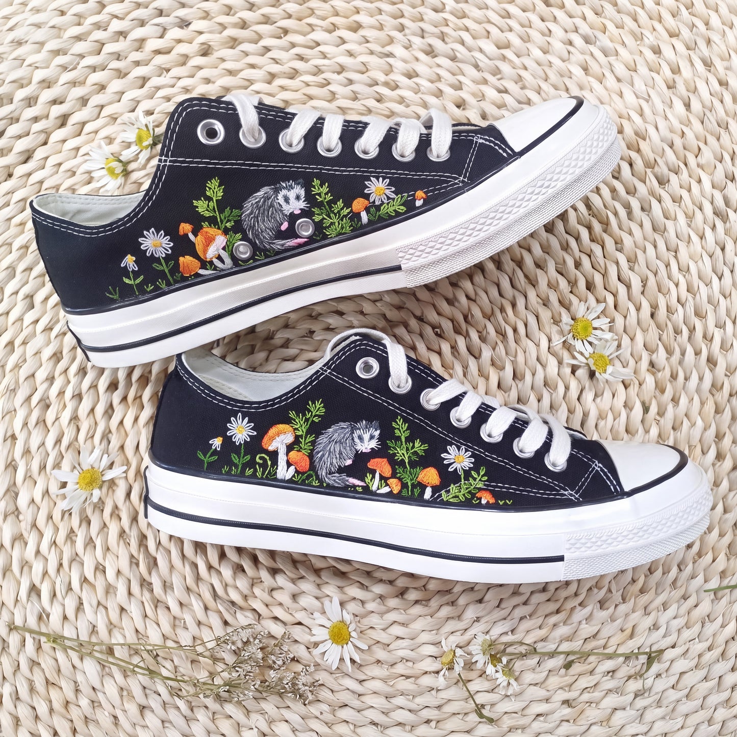 Hand Embroidered Opossum Converse Shoes | Woodland Mushroom Canvas Sneakers | Cute Forest Animal Gift for Nature Lovers