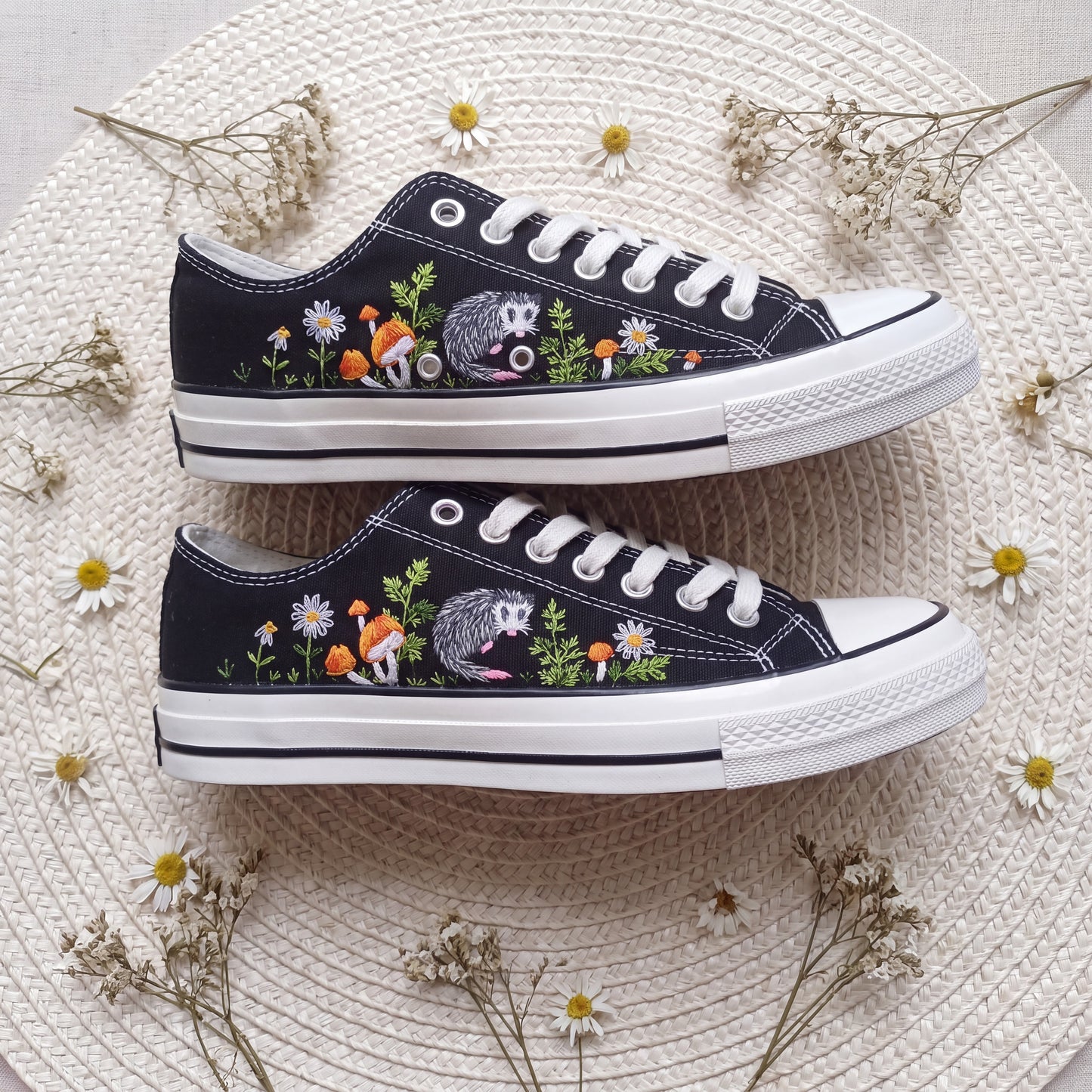 Hand Embroidered Opossum Converse Shoes | Woodland Mushroom Canvas Sneakers | Cute Forest Animal Gift for Nature Lovers