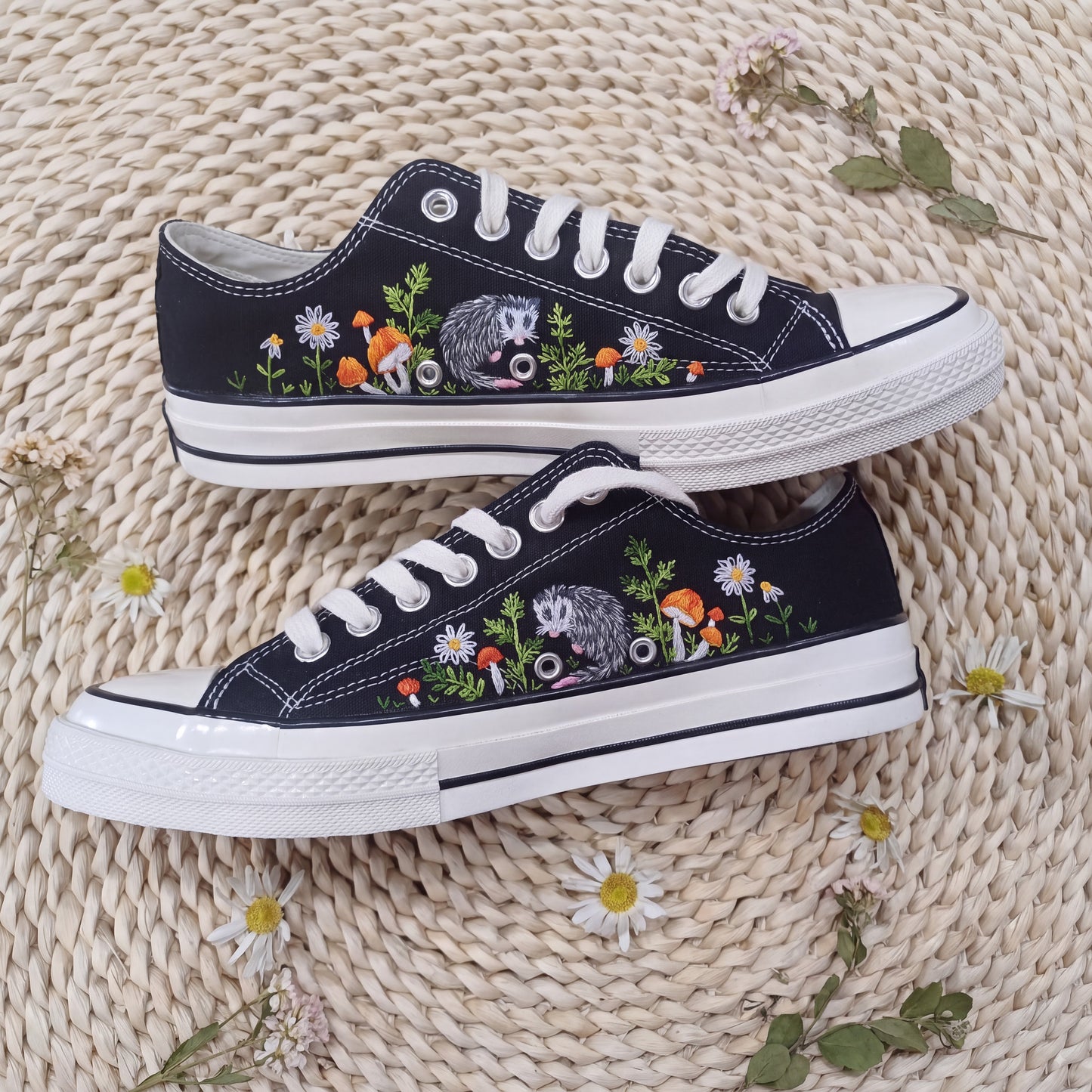 Hand Embroidered Opossum Converse Shoes | Woodland Mushroom Canvas Sneakers | Cute Forest Animal Gift for Nature Lovers