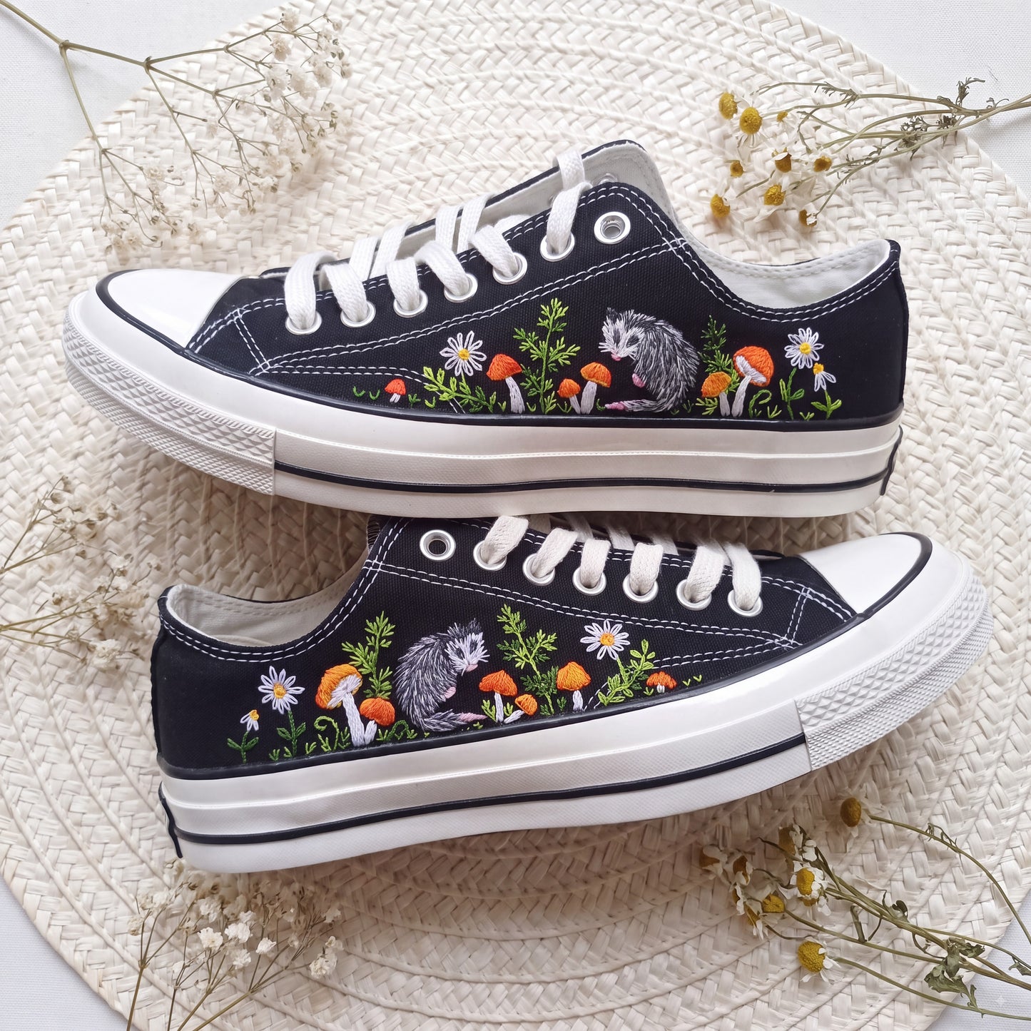 Hand Embroidered Opossum Converse Shoes | Woodland Mushroom Canvas Sneakers | Cute Forest Animal Gift for Nature Lovers