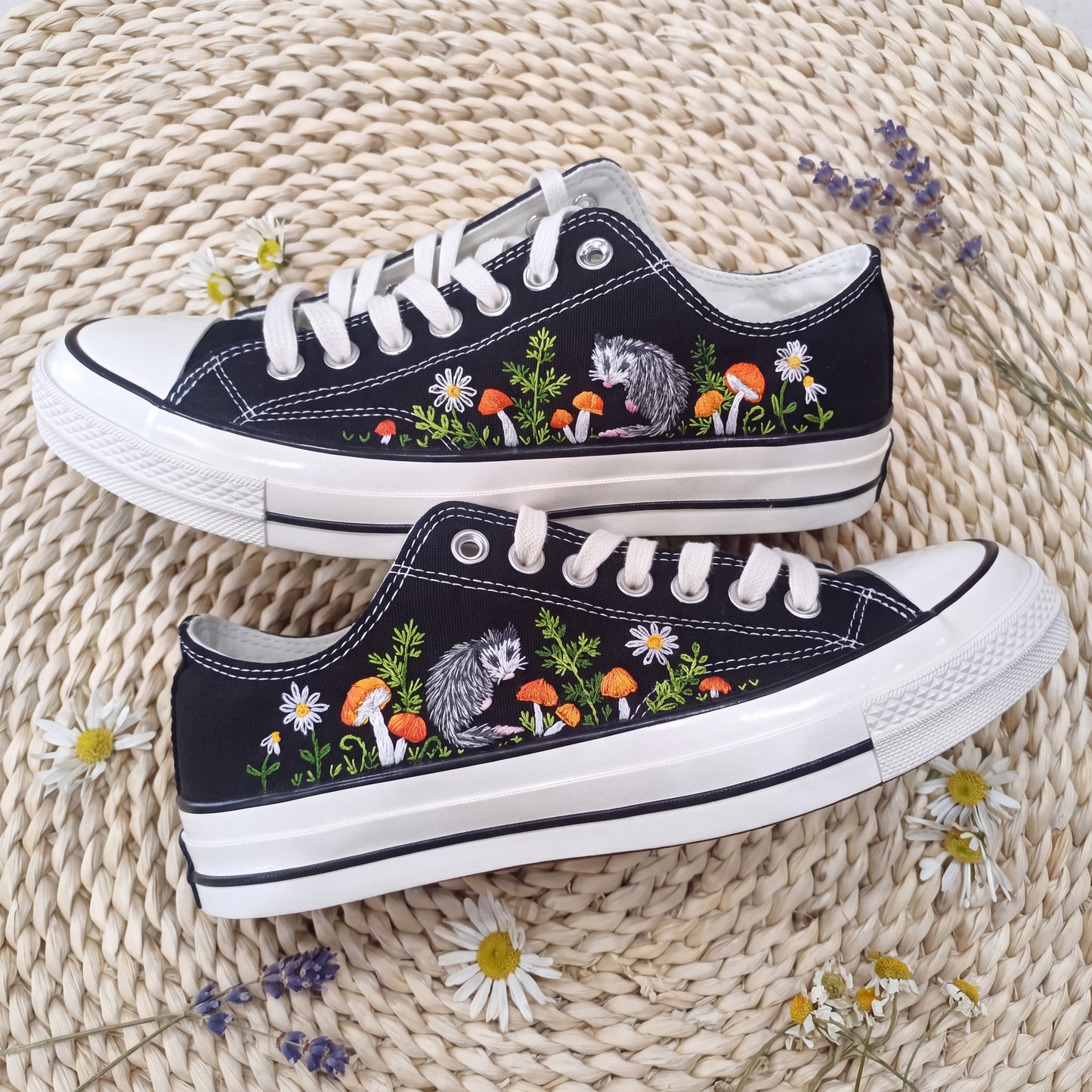 Hand Embroidered Opossum Converse Shoes | Woodland Mushroom Canvas Sneakers | Cute Forest Animal Gift for Nature Lovers
