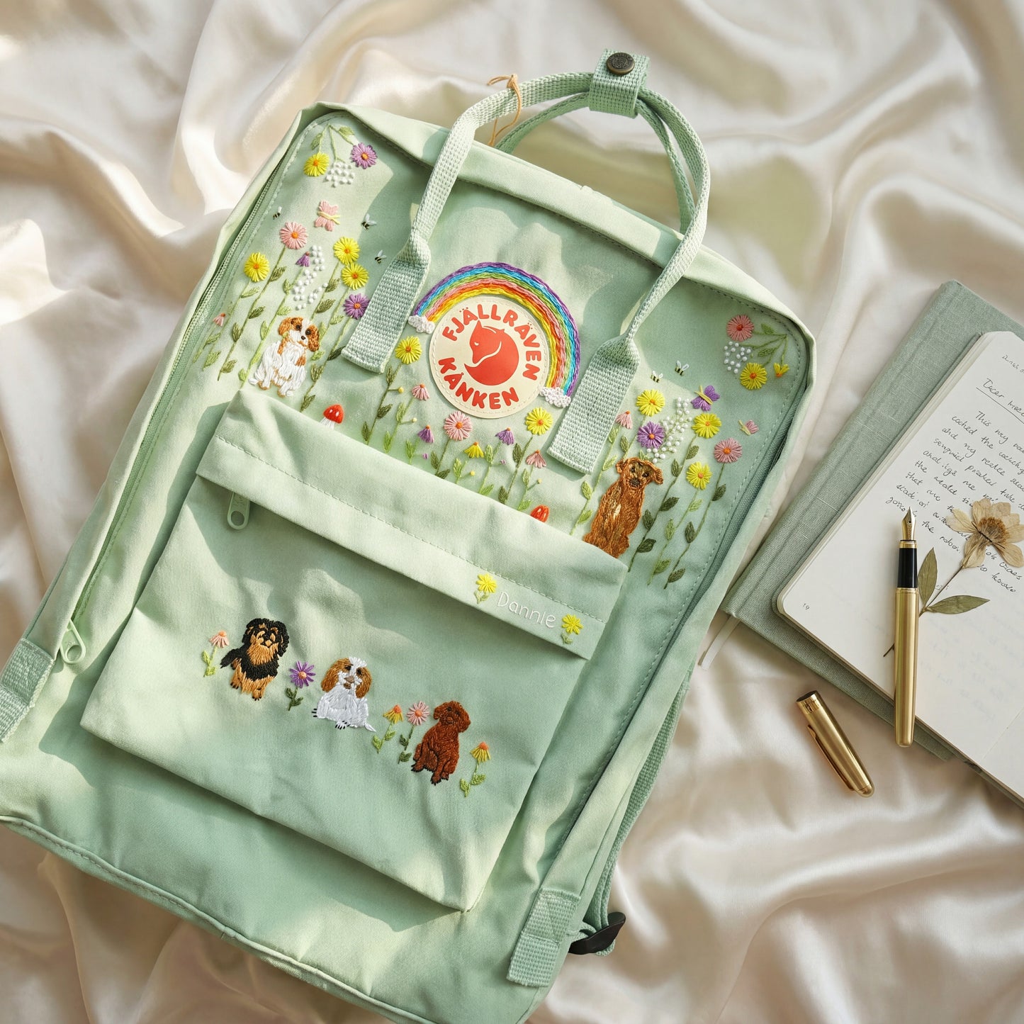 Hand-Embroidered Fjallraven Kanken Backpack with Dogs Design| Custom Embroidered Fjallraven Kanken Backpack | Dogs Embroidery Backpack