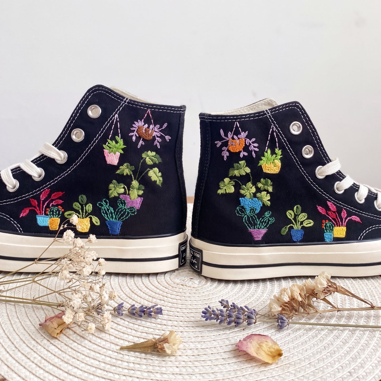 Hand Embroidered Plant Lover Converse High Top Sneakers | Custom Black Converse Shoes | Potted Houseplant Canvas Shoes | Handmade Gift for Women