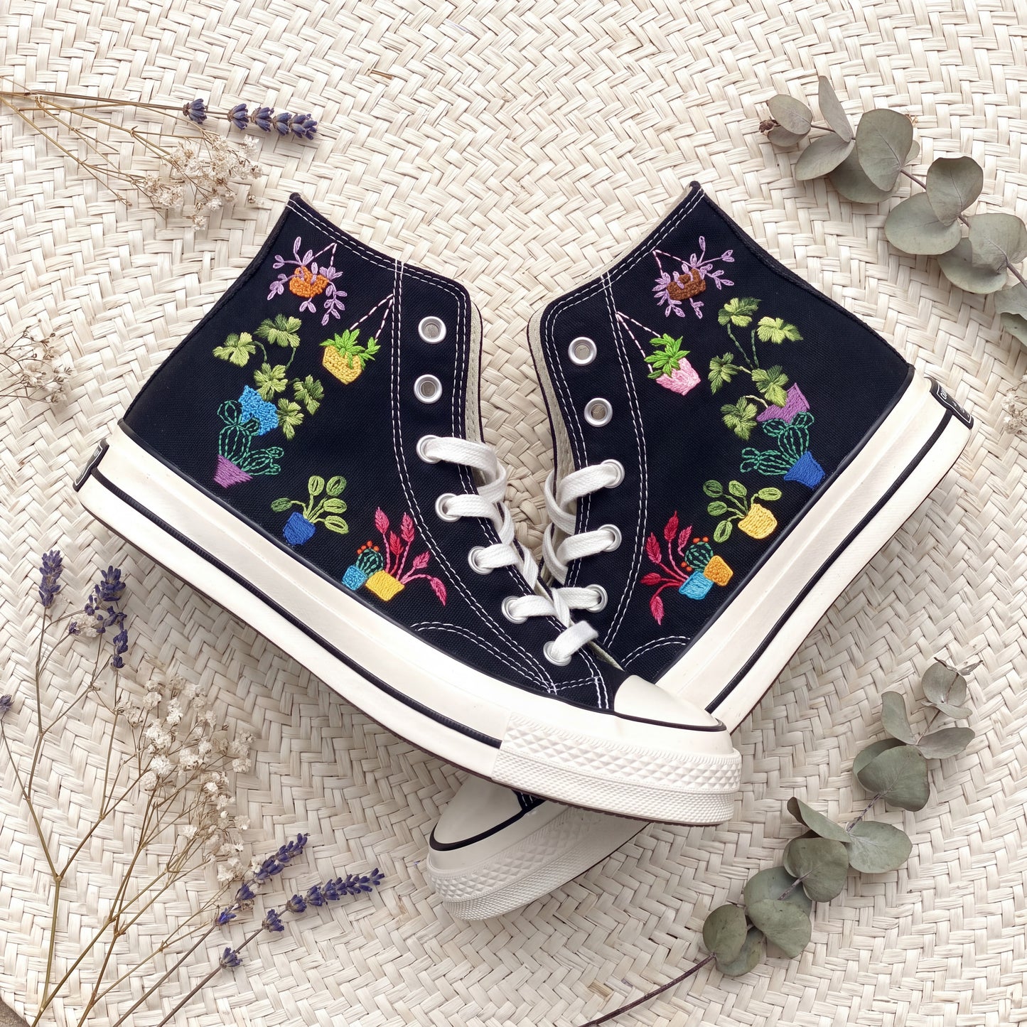 Hand Embroidered Plant Lover Converse High Top Sneakers | Custom Black Converse Shoes | Potted Houseplant Canvas Shoes | Handmade Gift for Women