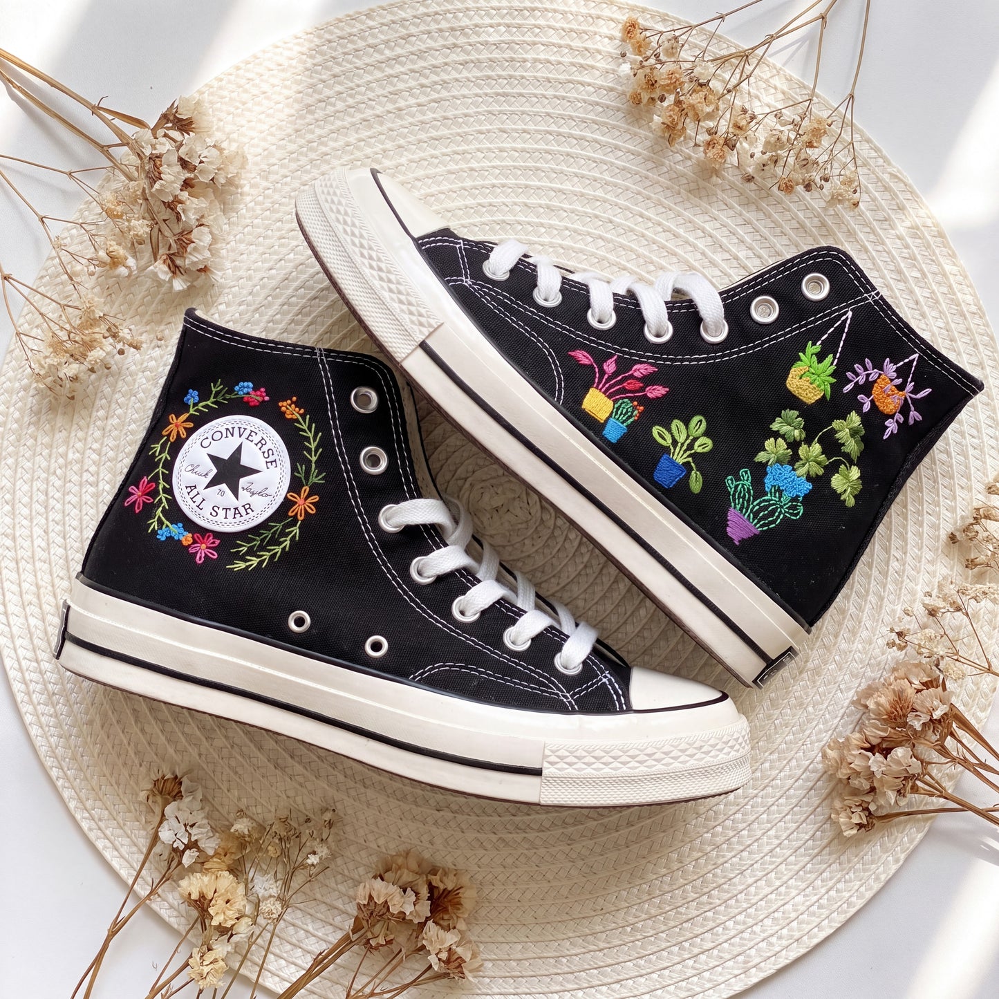 Hand Embroidered Plant Lover Converse High Top Sneakers | Custom Black Converse Shoes | Potted Houseplant Canvas Shoes | Handmade Gift for Women